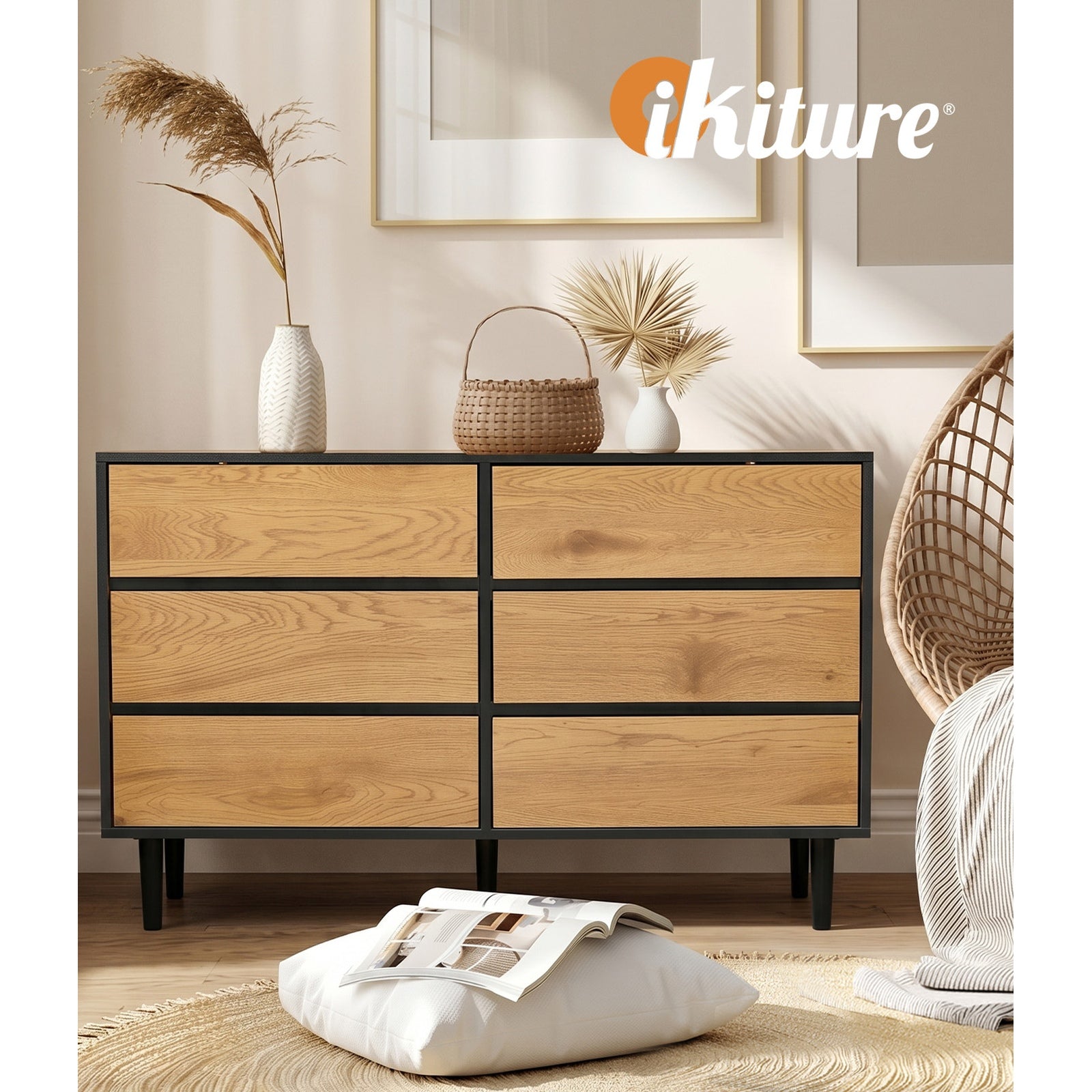 Oikiture 6 Chest of Drawers Lowboy Storage Dresser Hallway Bedroom Natural