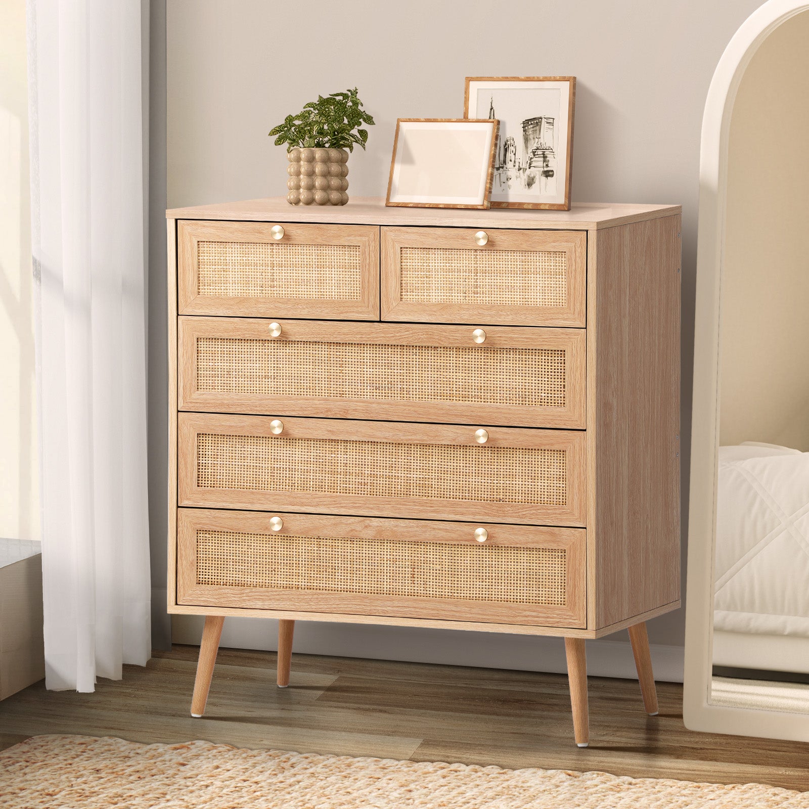 Oikiture 5 Chest of Drawers Dresser Chest Storage Cabinet Tallboy Rattan - Sunyee