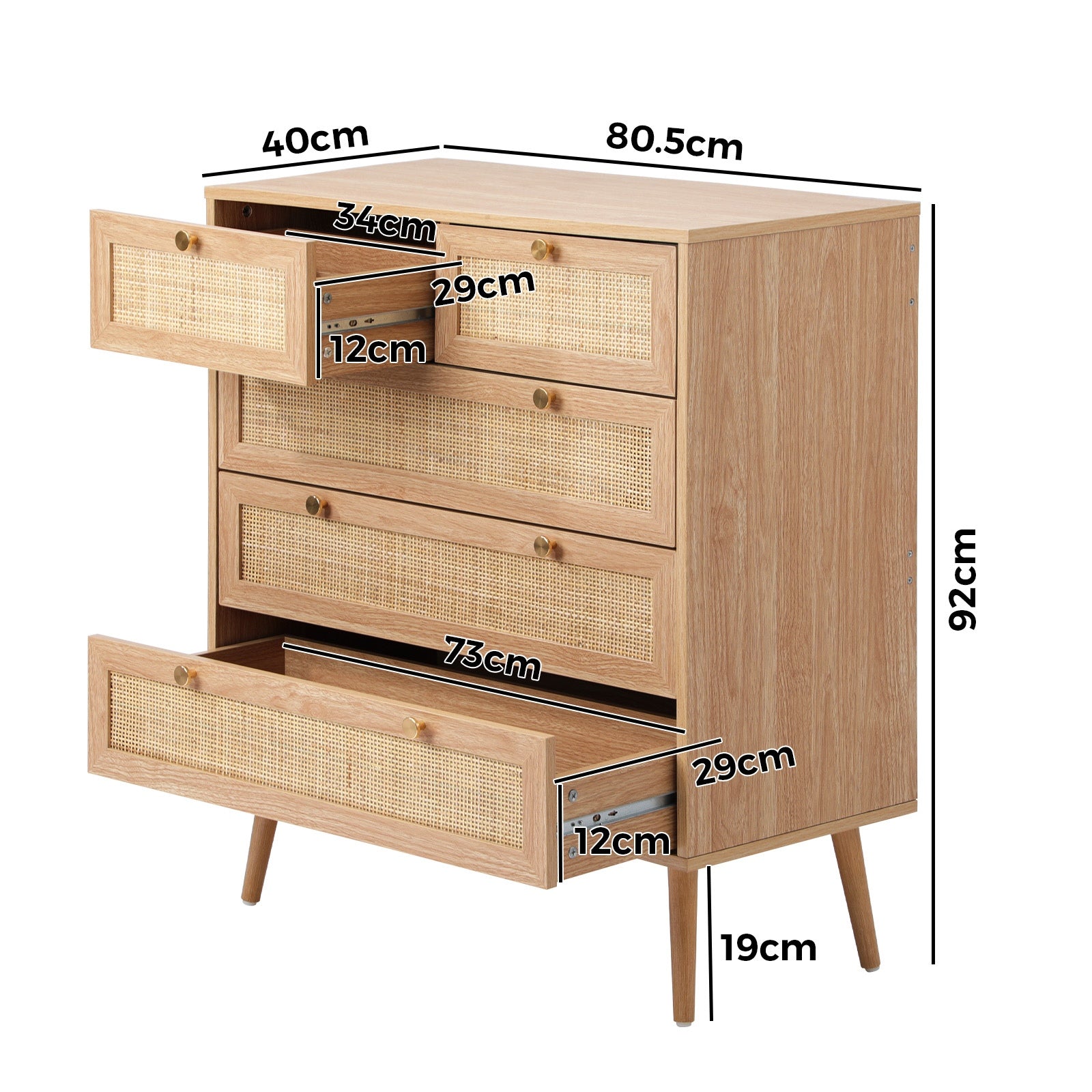 Oikiture 5 Chest of Drawers Dresser Chest Storage Cabinet Tallboy Rattan - Sunyee