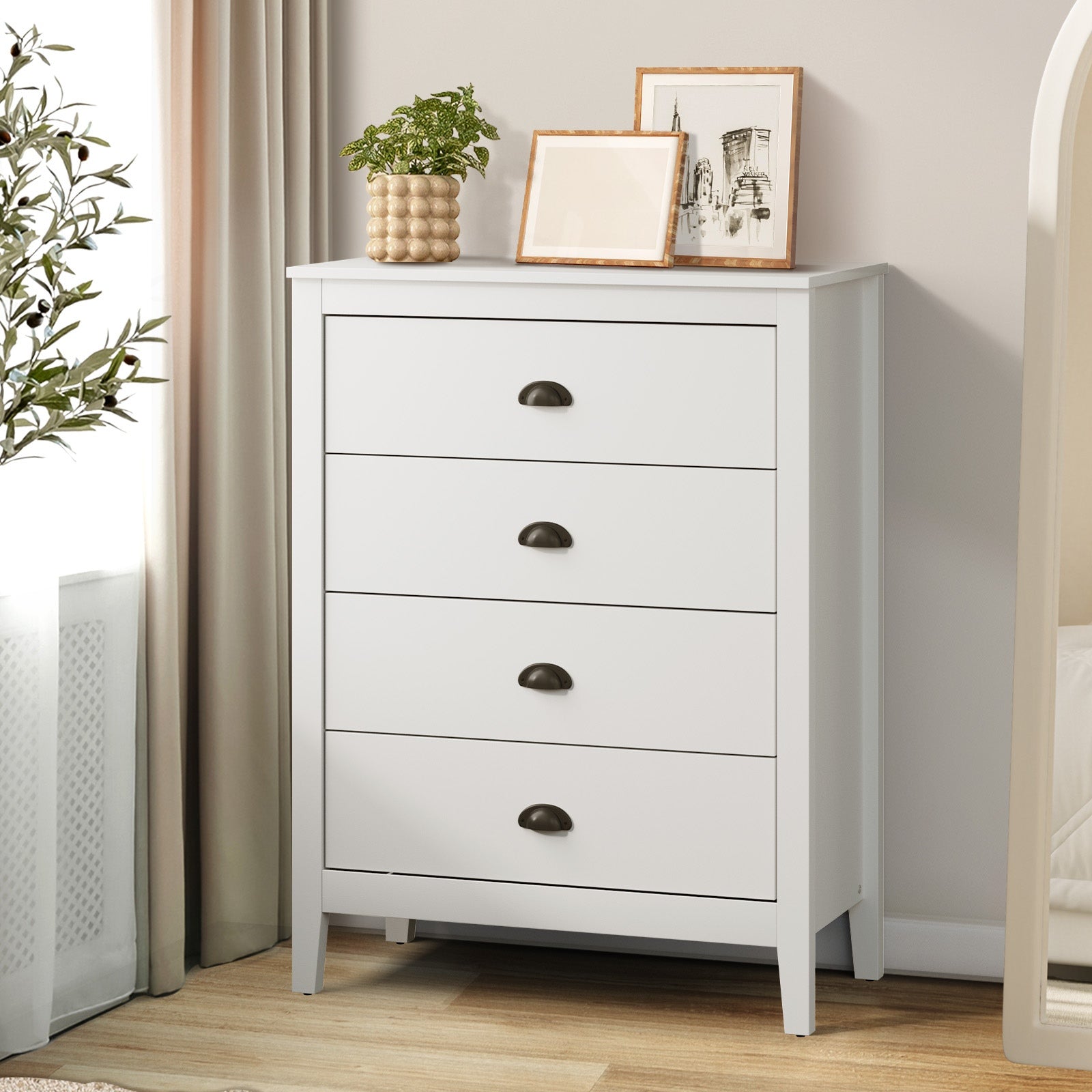 Oikiture 4 Chest of Drawers Dresser Storage Cabinet Tallboy White Vintage - Sunyee