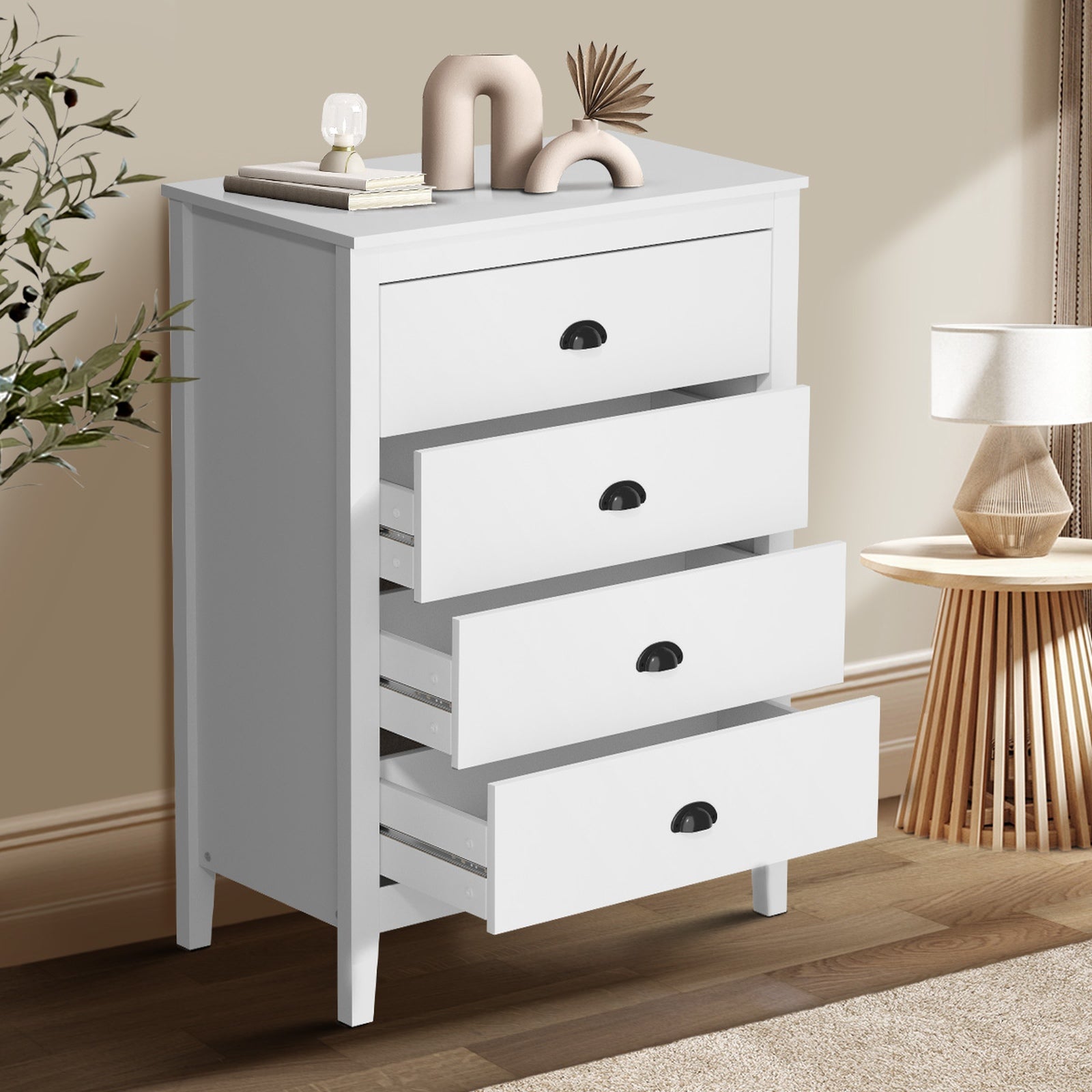 Oikiture 4 Chest of Drawers Dresser Storage Cabinet Tallboy White Vintage - Sunyee