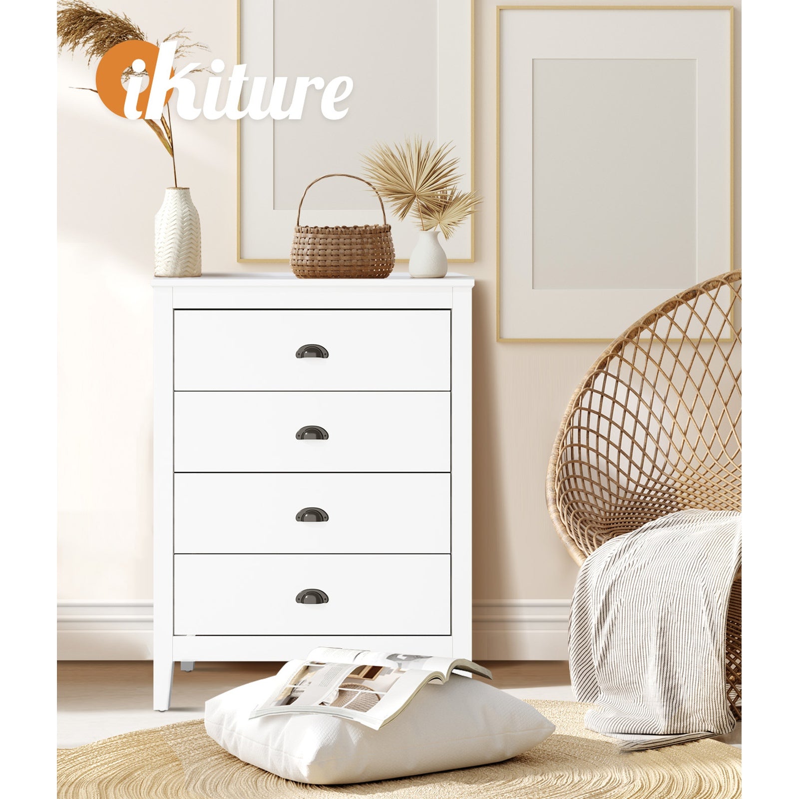 Oikiture 4 Chest of Drawers Dresser Storage Cabinet Tallboy White Vintage - Sunyee
