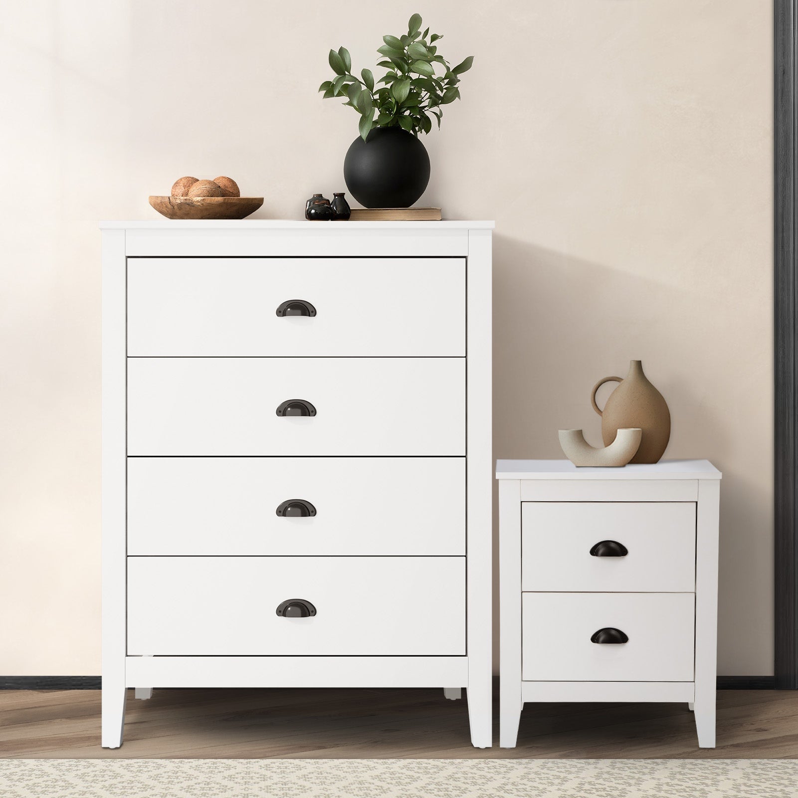 Oikiture 4 Chest of Drawers and Bedside Table Vintage Bedroom Set White - Sunyee