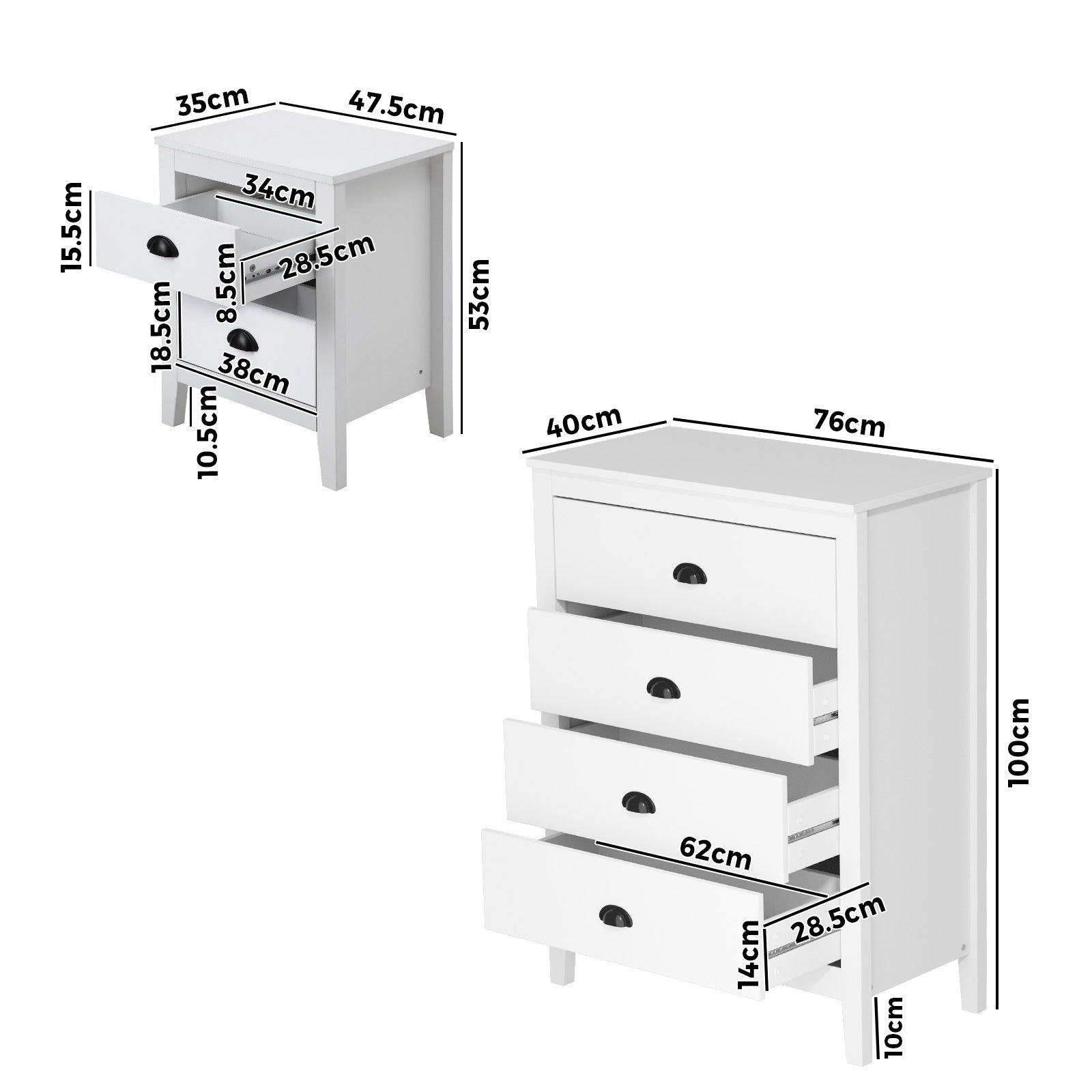 Oikiture 4 Chest of Drawers and Bedside Table Vintage Bedroom Set White - Sunyee