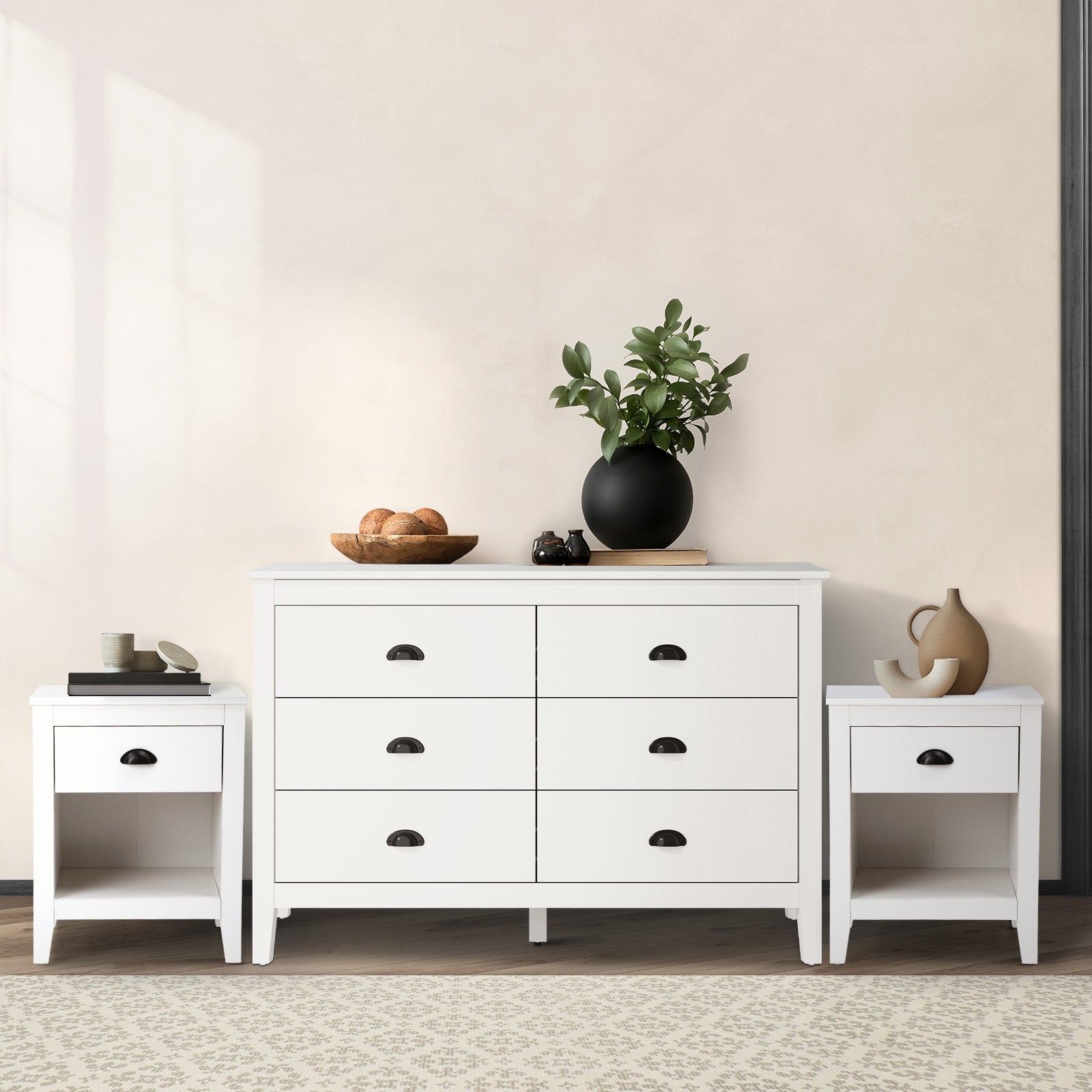 Oikiture 6 Chest of Drawers and 2 Bedside Tables Vintage Nightstands Bedroom Set - Sunyee