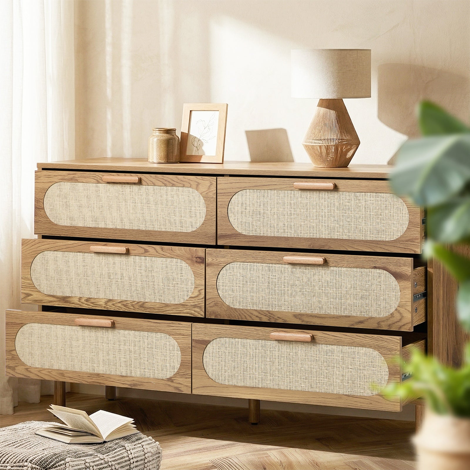 Oikiture 6 Chest of Drawers Lowboy Storage Cabinet Dresser Entryway Natural