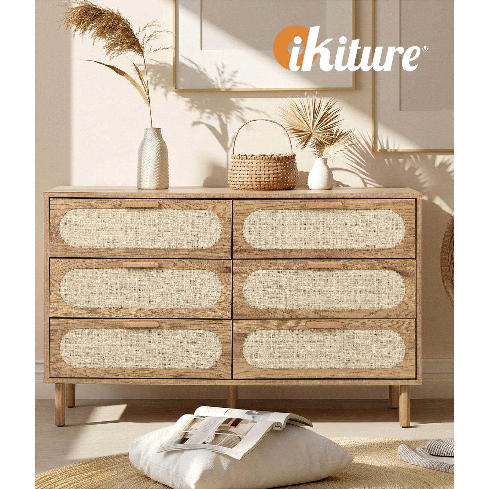 Oikiture 6 Chest of Drawers Lowboy Storage Cabinet Dresser Entryway Natural
