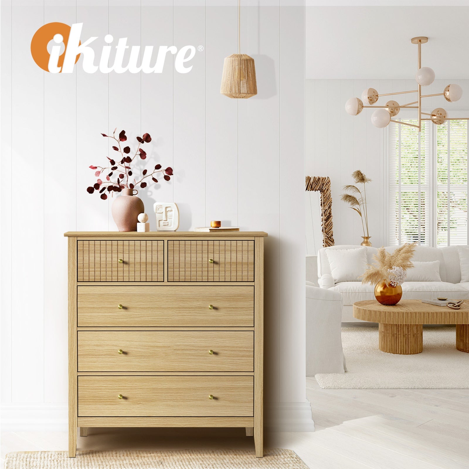 Oikiture 5 Chest of Drawers Dresser Storage Cabinet Tallboy Natural - Sunyee