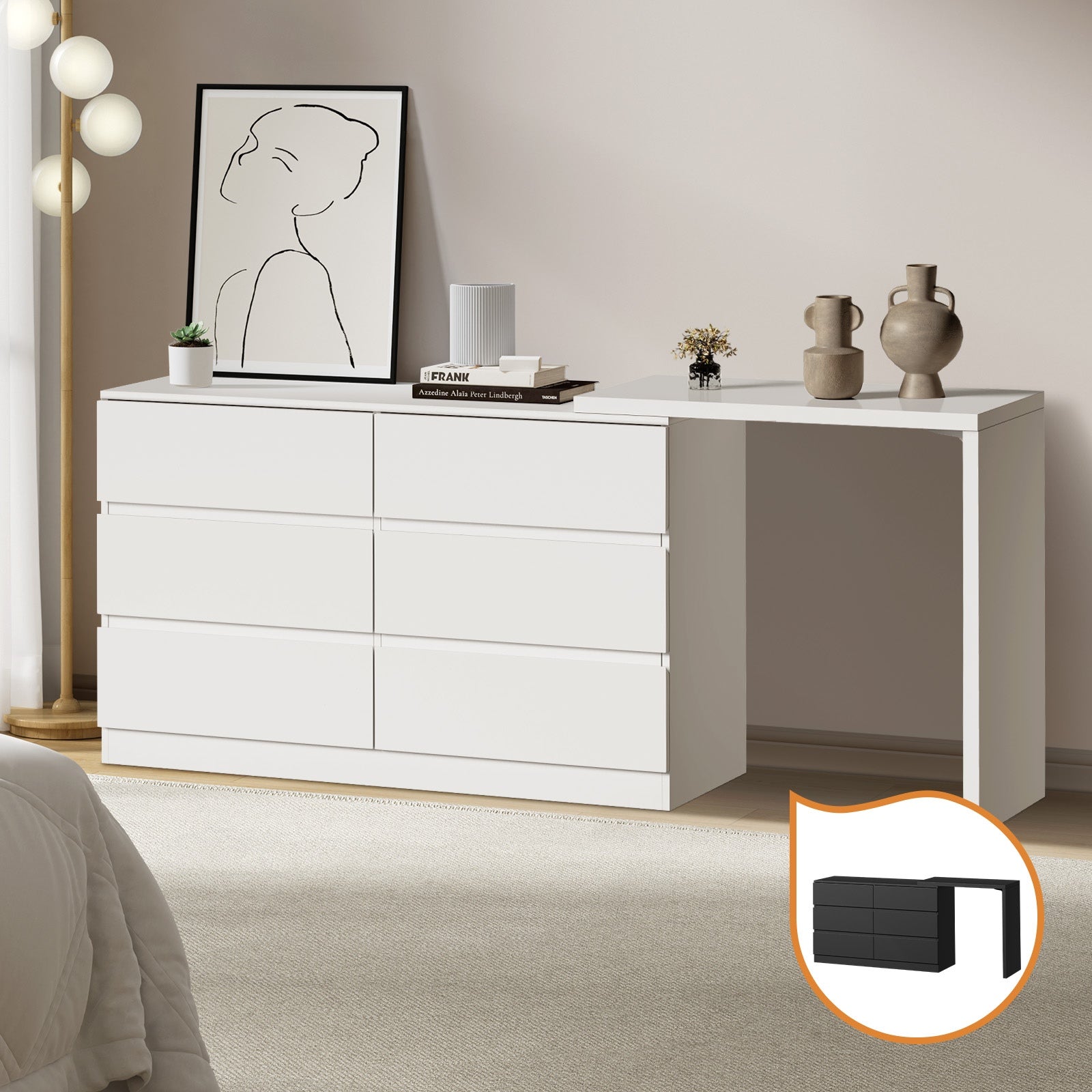 Oikiture 6 Chest of Drawers Dresser with Side Table Storage Tallboy - Sunyee