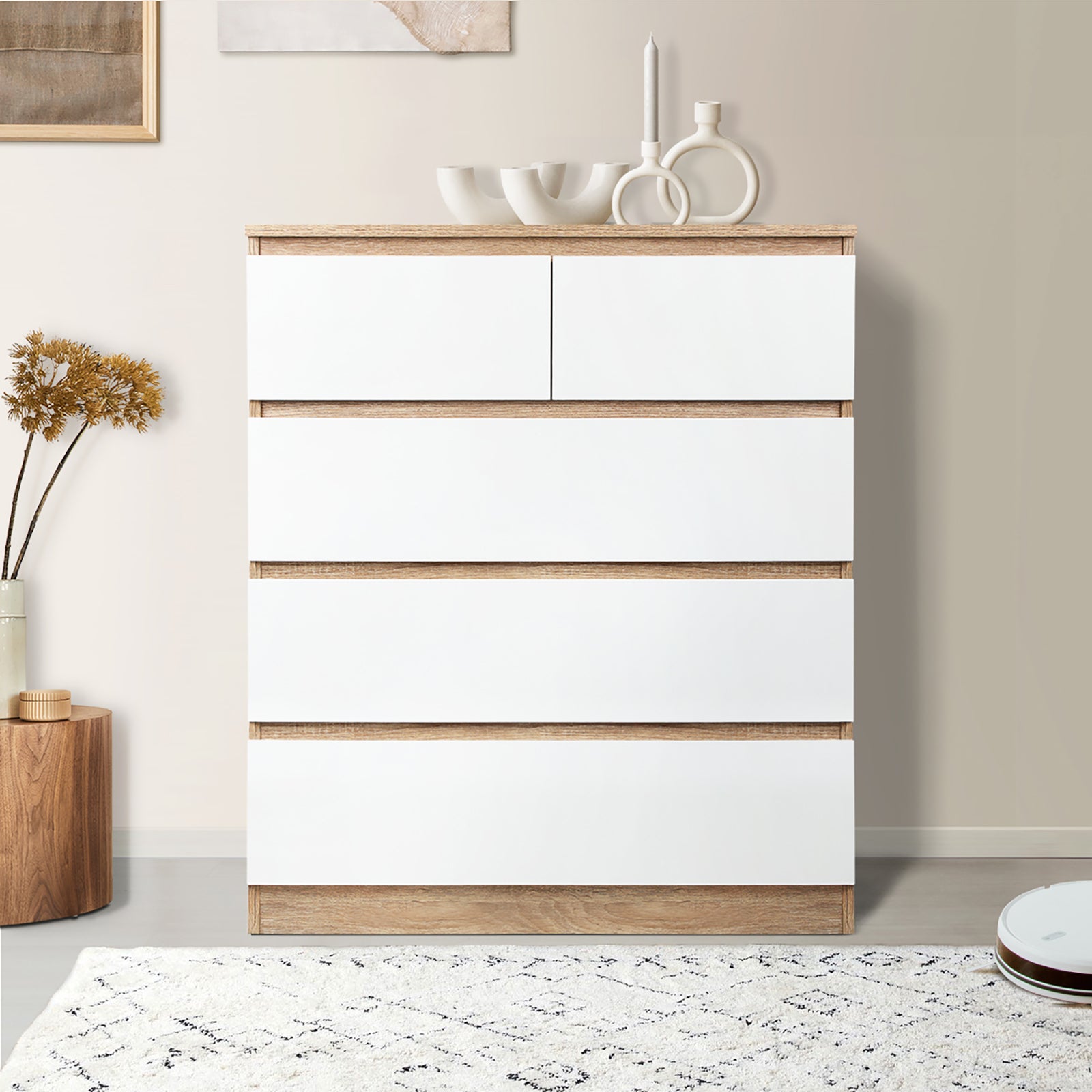 Oikiture 5 Chest of Drawers Tallboy Cabinet Dresser Table Wooden White Furniture - Sunyee