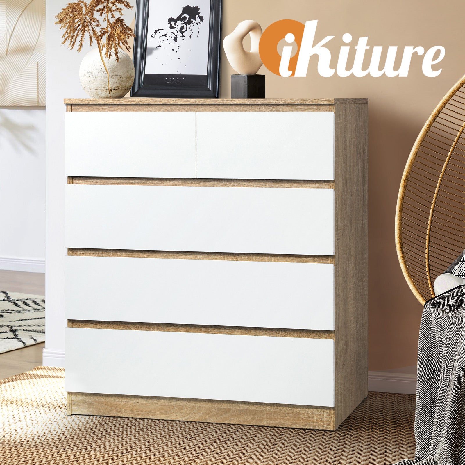 Oikiture 5 Chest of Drawers Tallboy Cabinet Dresser Table Wooden White Furniture - Sunyee