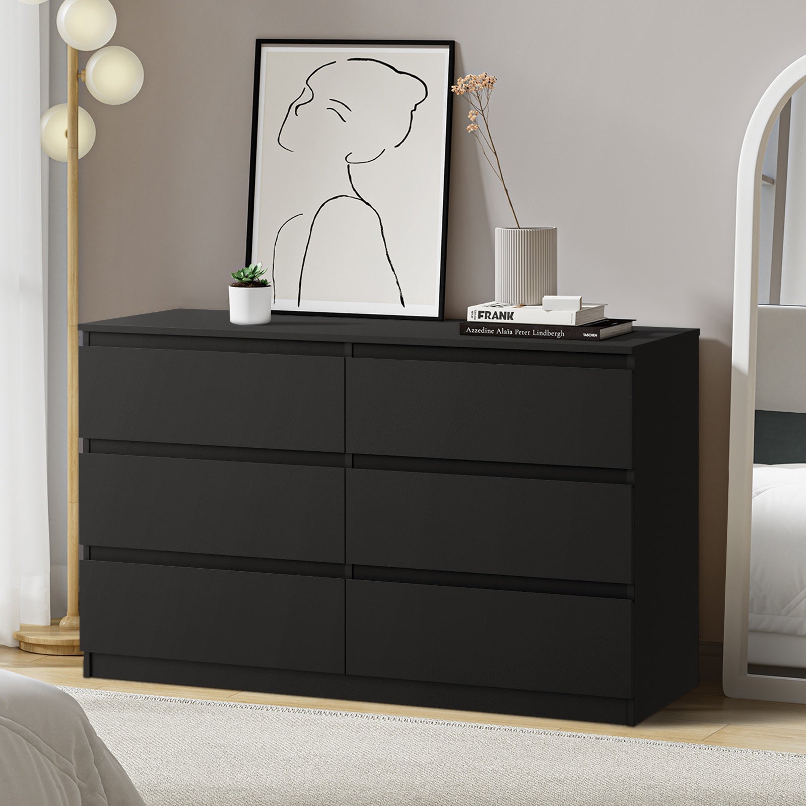 Oikiture 6 Chest of Drawers Lowboy Storage Cabinet Dresser Table Bedroom Black - Sunyee