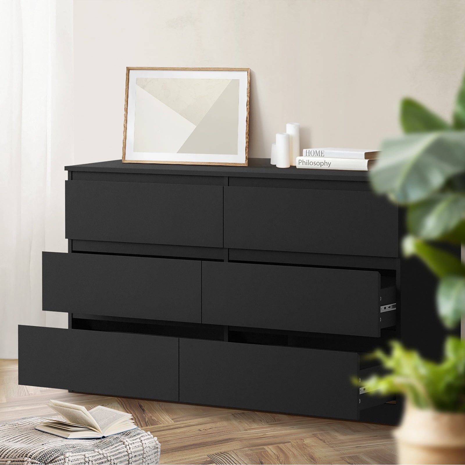 Oikiture 6 Chest of Drawers Lowboy Storage Cabinet Dresser Table Bedroom Black - Sunyee