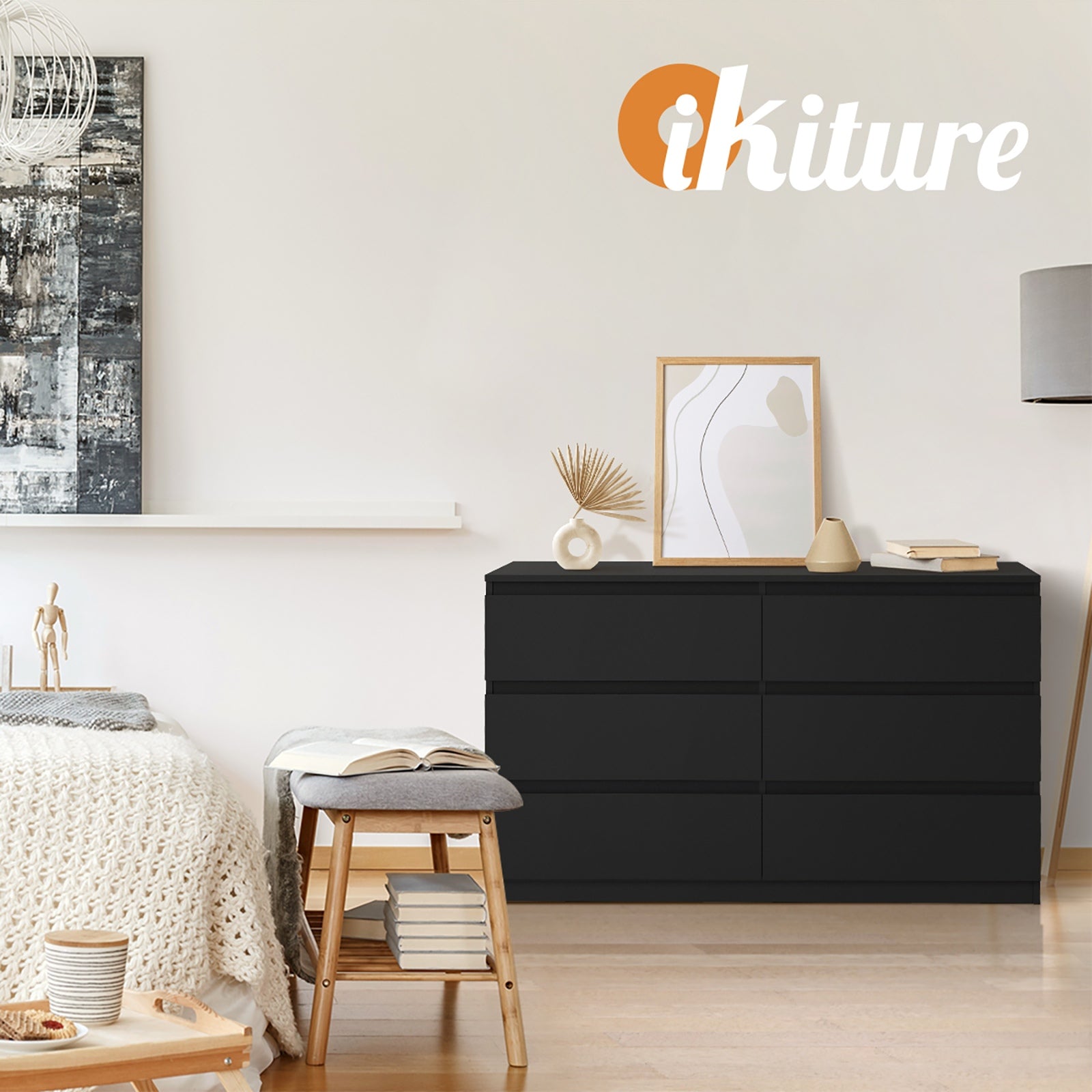 Oikiture 6 Chest of Drawers Lowboy Storage Cabinet Dresser Table Bedroom Black - Sunyee