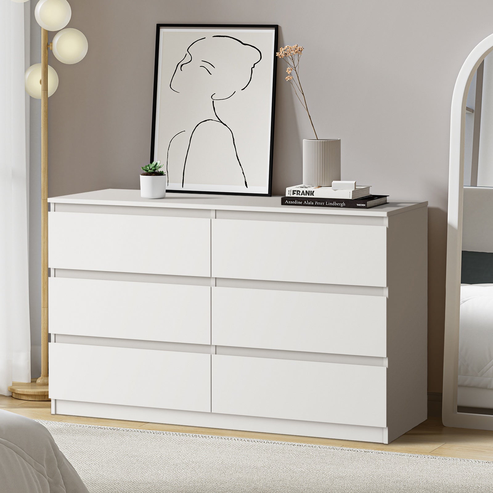 Oikiture 6 Chest of Drawers Lowboy Storage Cabinet Dresser Table Bedroom White - Sunyee