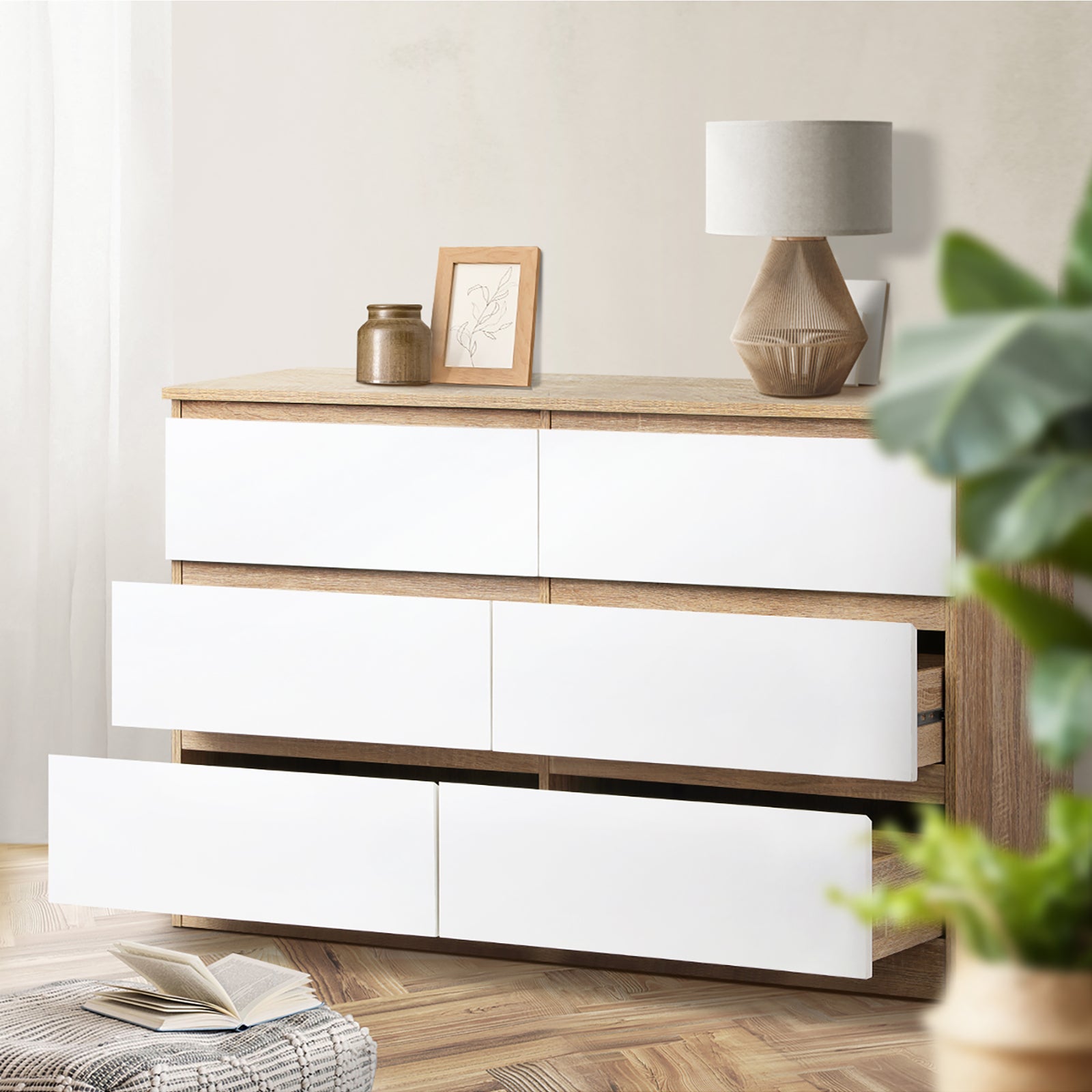 Oikiture 6 Chest of Drawers Tallboy Cabinet Dresser Table Wooden White Furniture - Sunyee