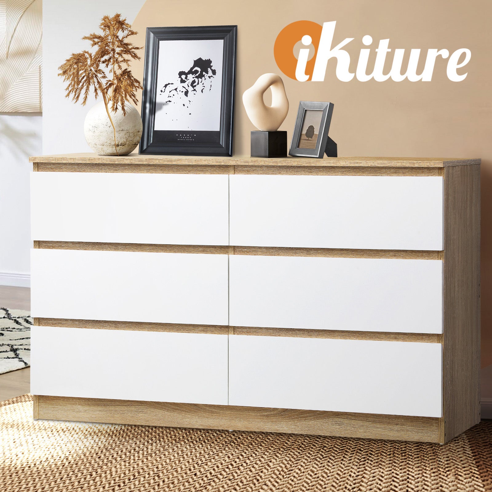 Oikiture 6 Chest of Drawers Tallboy Cabinet Dresser Table Wooden White Furniture - Sunyee