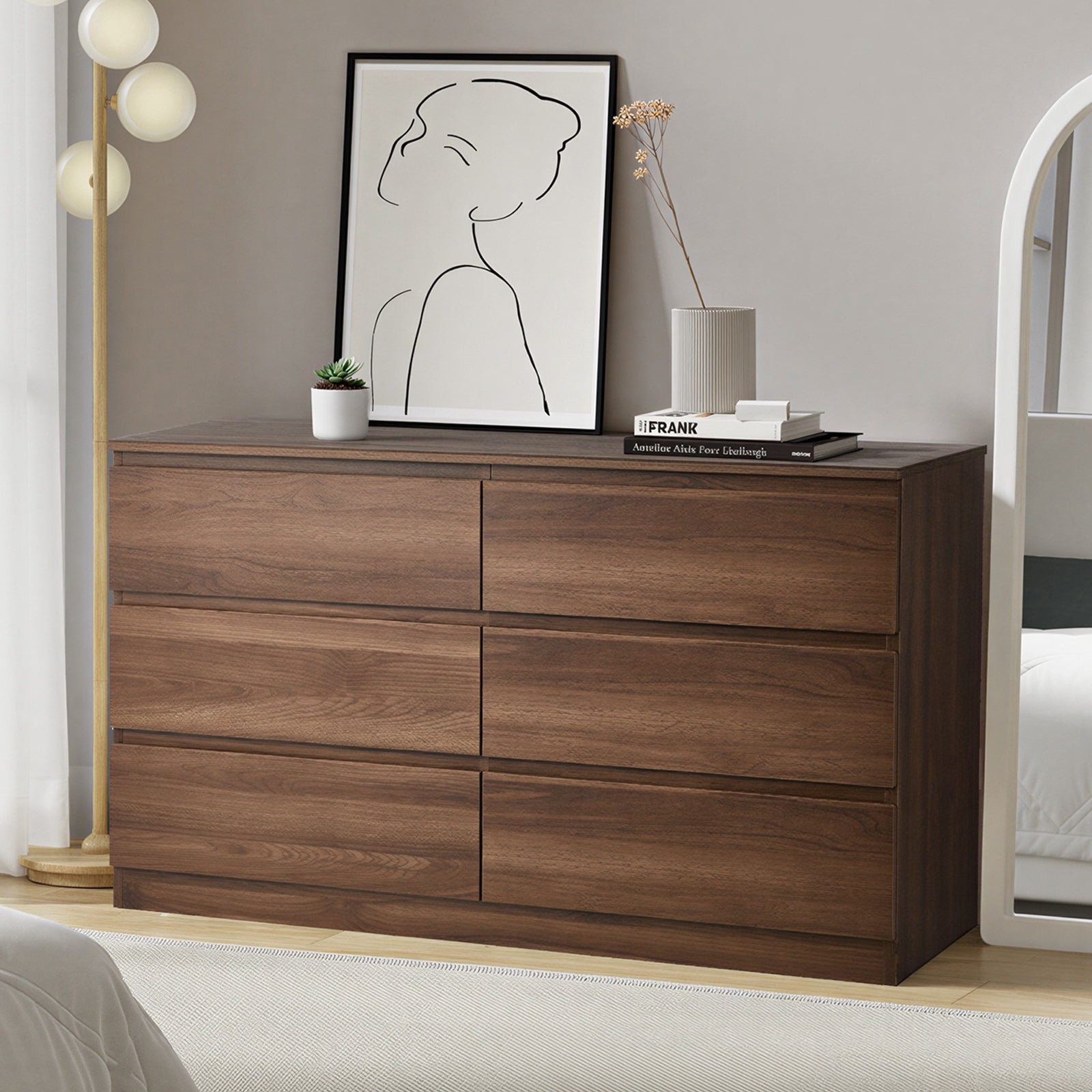 Oikiture 6 Chest of Drawers Lowboy Storage Cabinet Dresser Table Bedroom Walnut - Sunyee