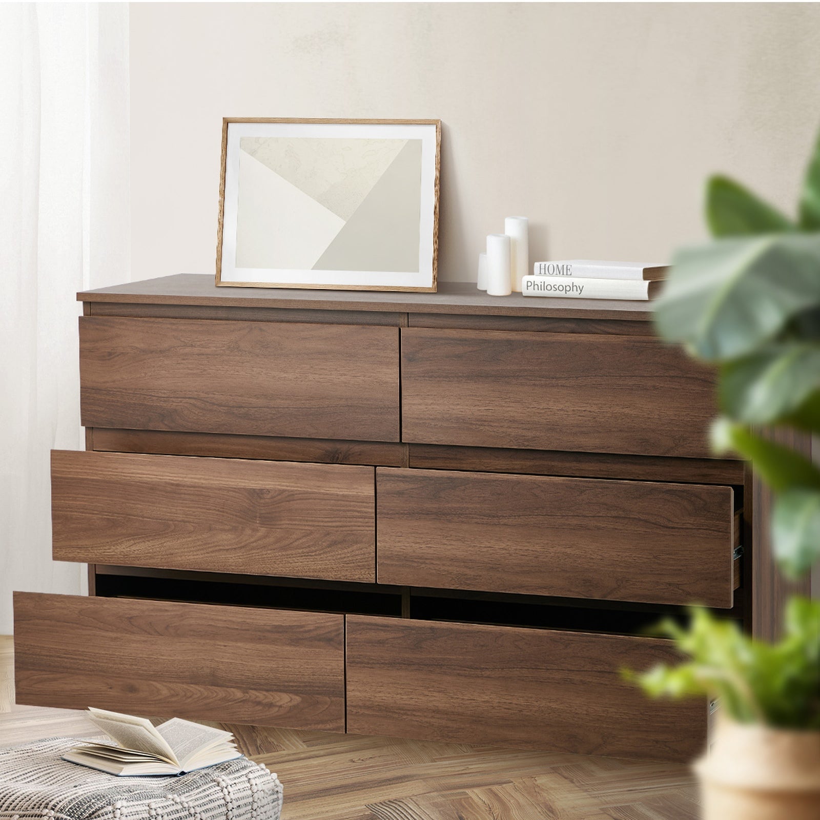 Oikiture 6 Chest of Drawers Lowboy Storage Cabinet Dresser Table Bedroom Walnut - Sunyee