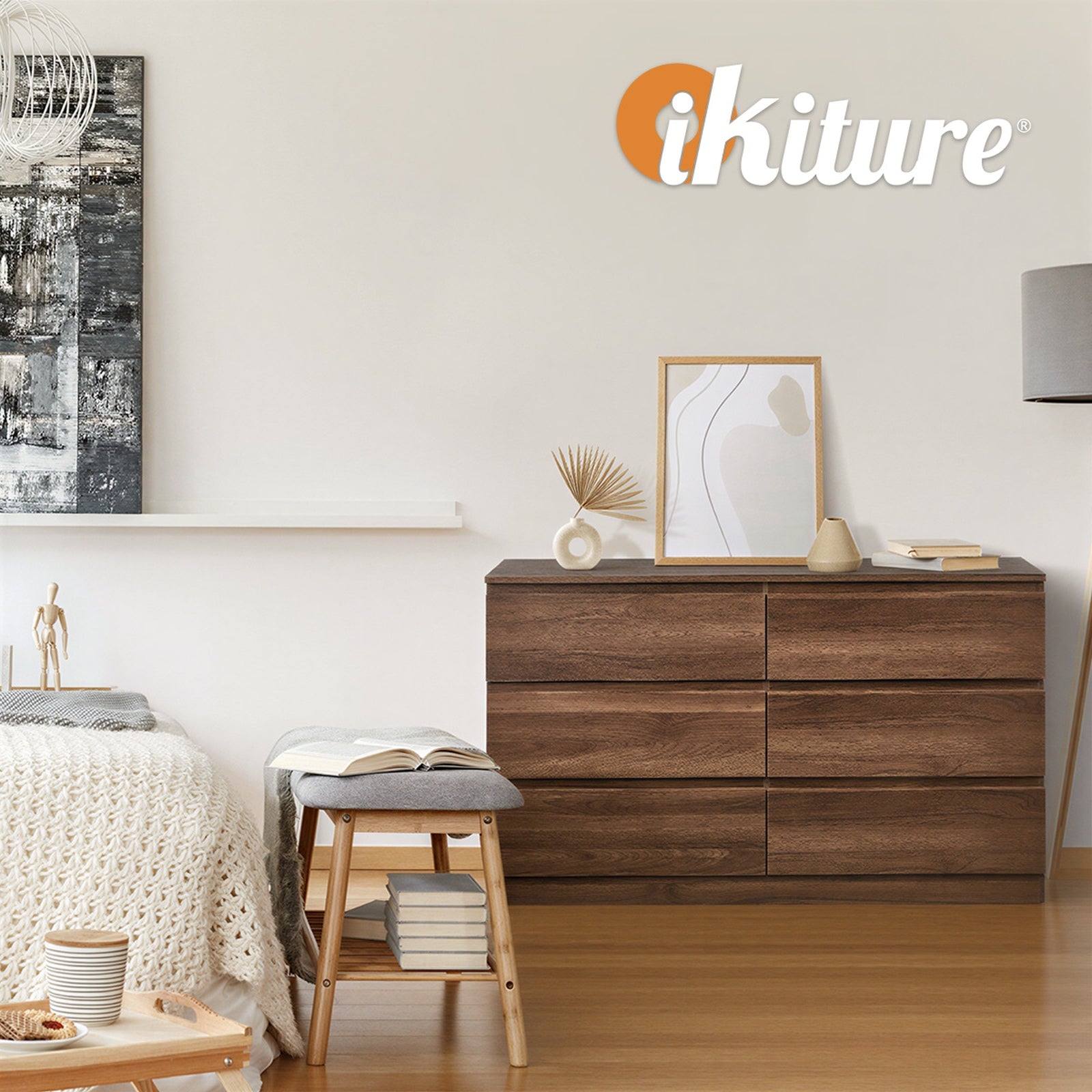 Oikiture 6 Chest of Drawers Lowboy Storage Cabinet Dresser Table Bedroom Walnut - Sunyee