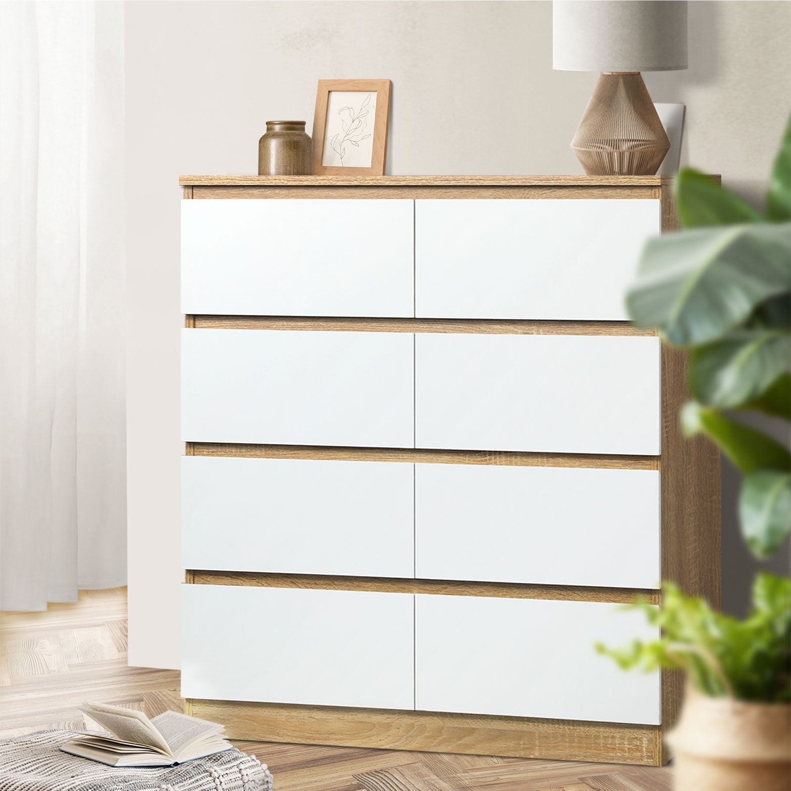 Oikiture 8 Chest of Drawers Tallboy Cabinet Dresser Table Wooden White Furniture - Sunyee