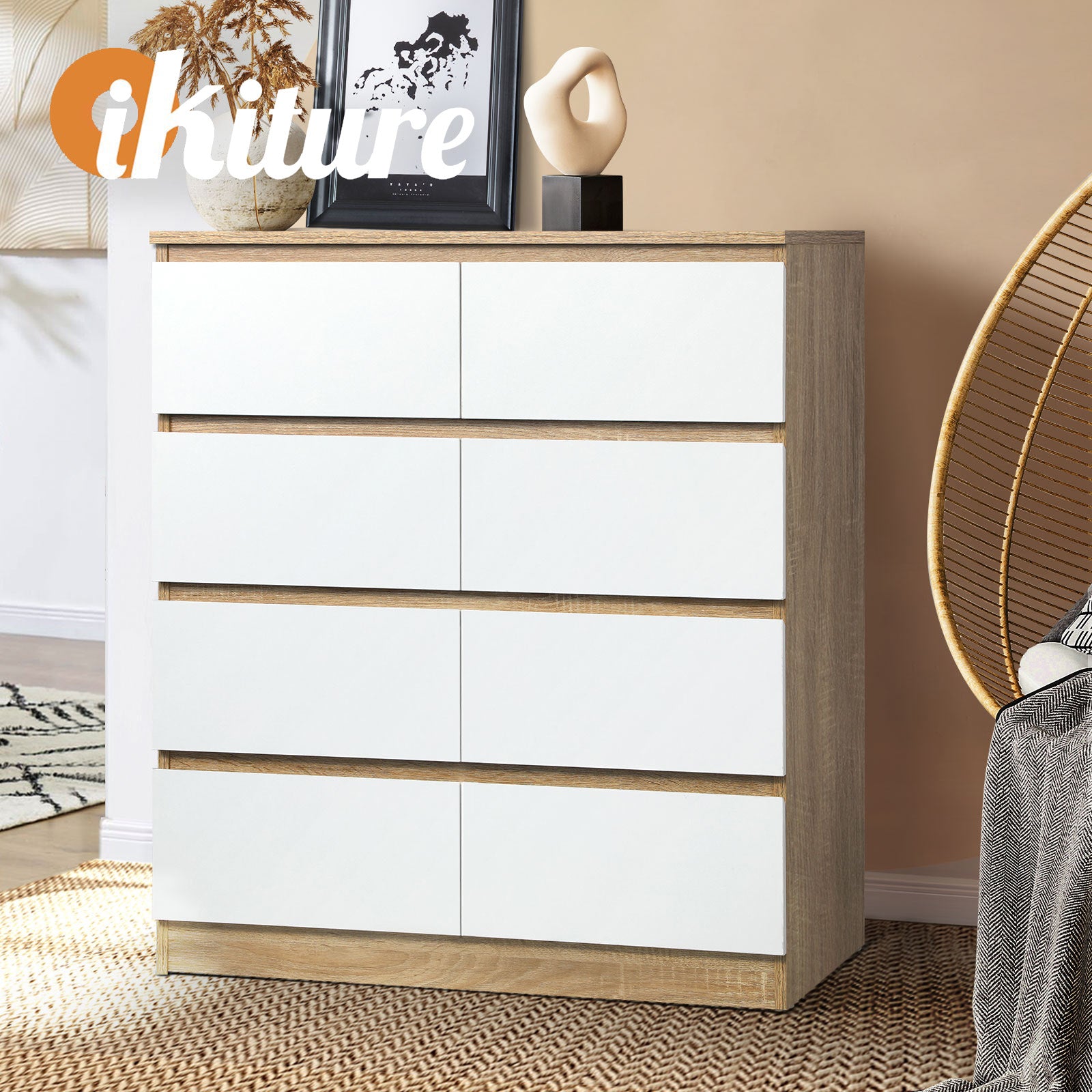 Oikiture 8 Chest of Drawers Tallboy Cabinet Dresser Table Wooden White Furniture - Sunyee