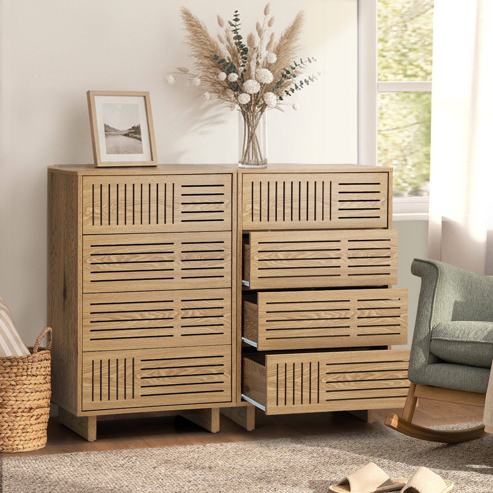 Oikiture 4 Chest of Drawers Storage Cabinet Dresser Tallboy Natural Set of 2 - Sunyee