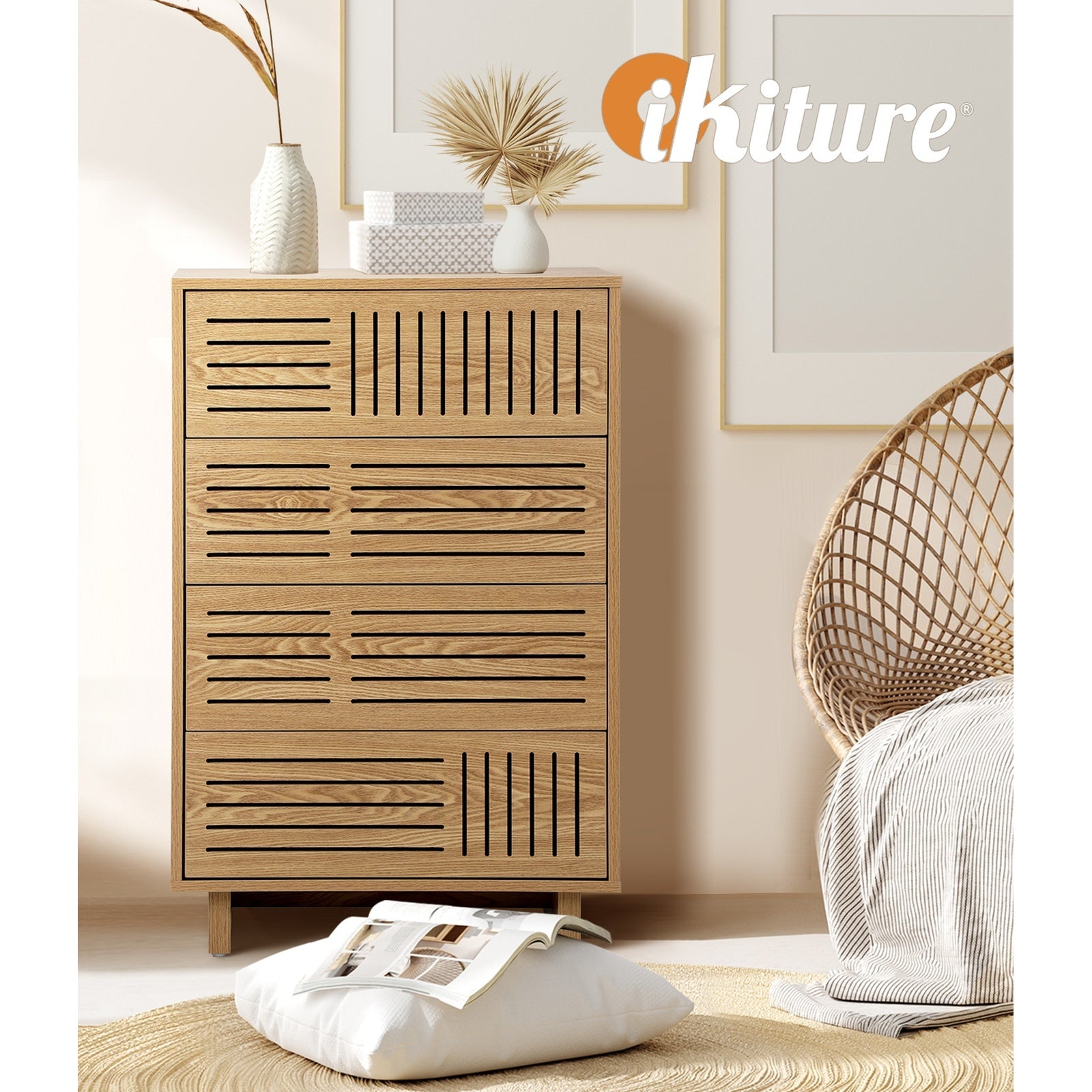 Oikiture 4 Chest of Drawers Storage Cabinet Dresser Tallboy Natural Set of 2 - Sunyee