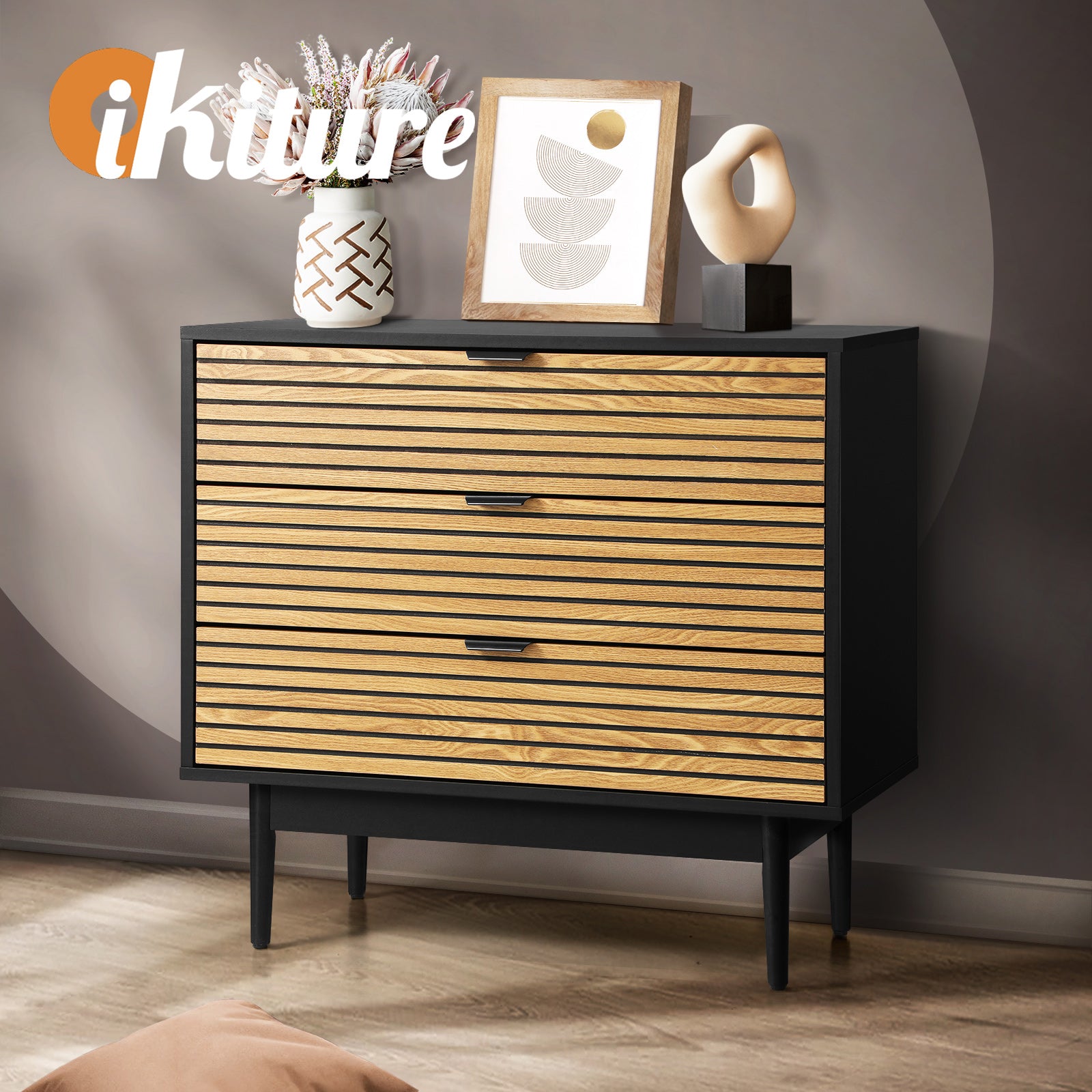 Oikiture 3 Chest of Drawers Dresser Table Bedside Lowboy Storage Cabinet - Sunyee