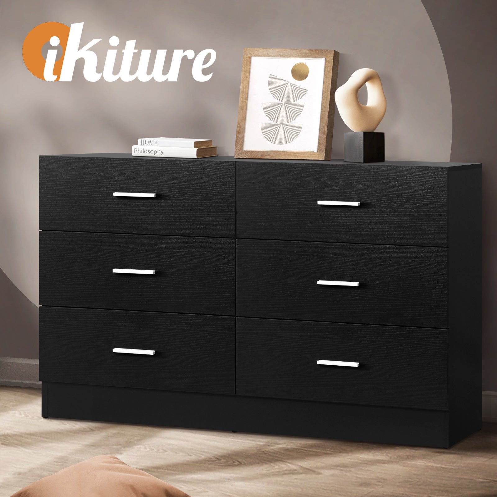 Oikiture 6 Chest of Drawers Tallboy Dresser Table Lowboy Storage Cabinet Black - Sunyee