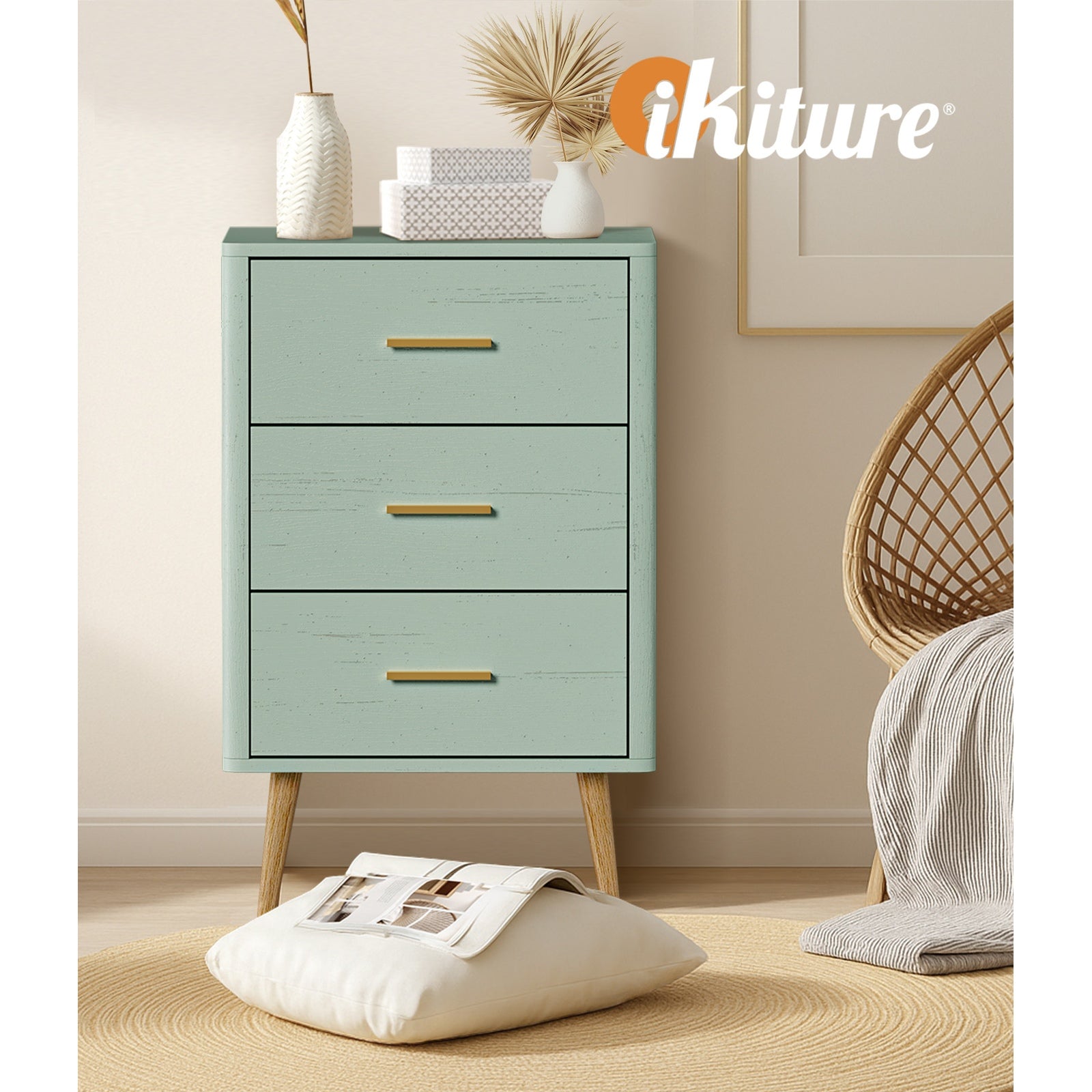 Oikiture 3 Chest of Drawers Dresser Tallboy Storage Cabinet Green - Sunyee