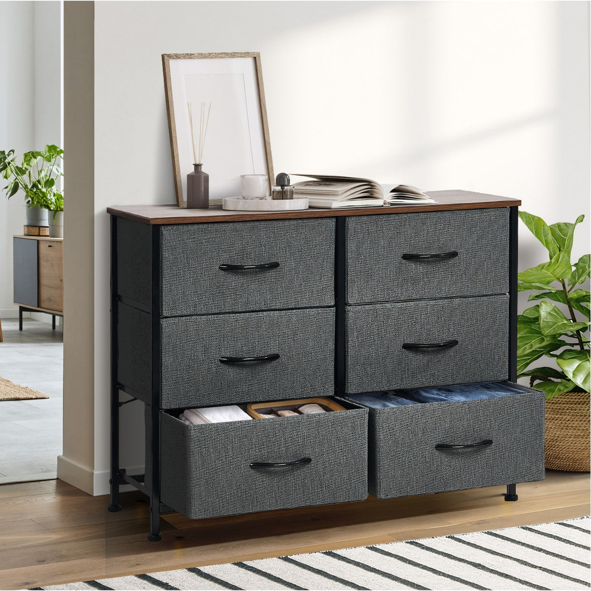 Oikiture 6 Chest of Drawers Storage Cabinet Dresser Organizer Fabric Grey - Sunyee
