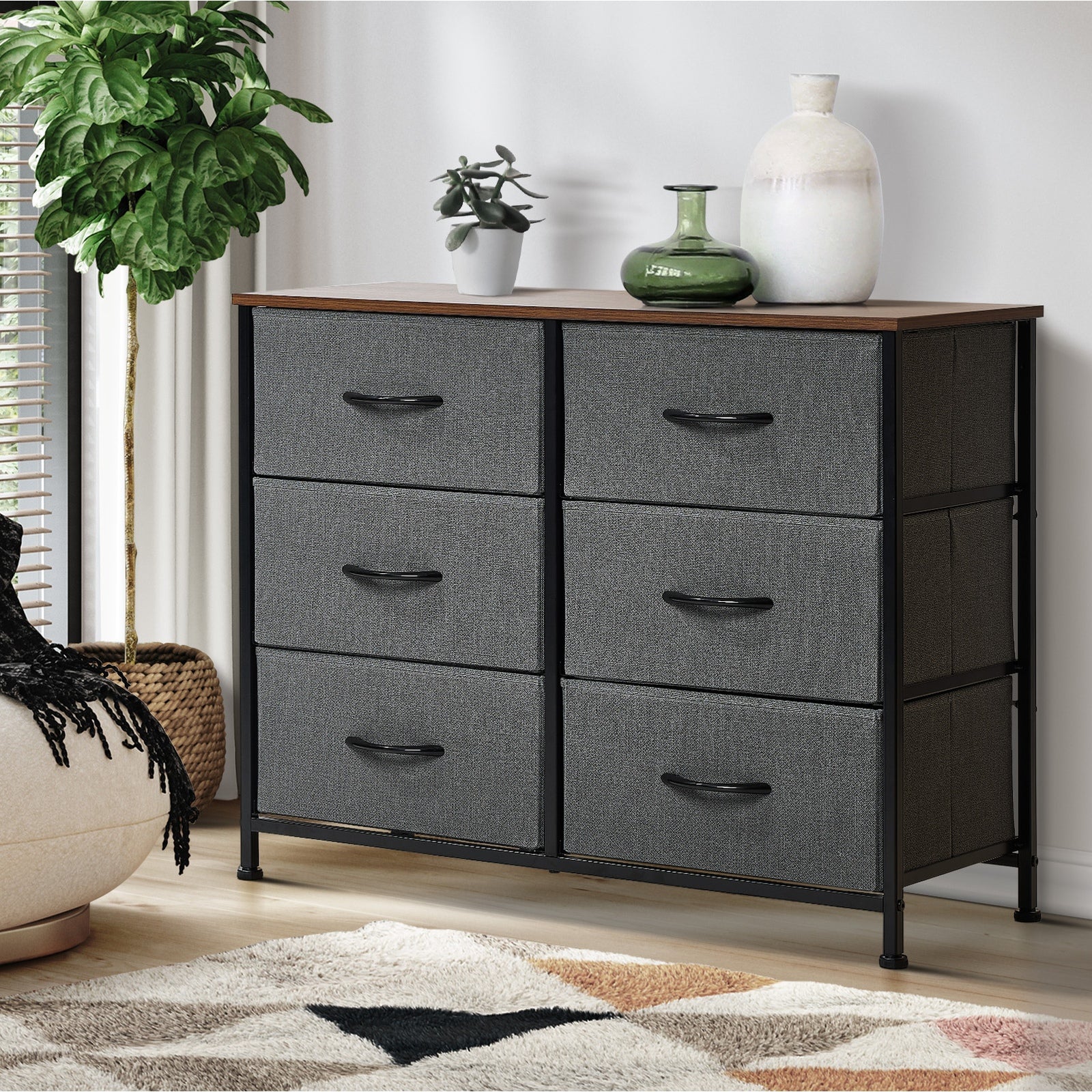 Oikiture Chest of Drawers Fabric Storage Cabinet Bedroom Organizer Grey - Sunyee