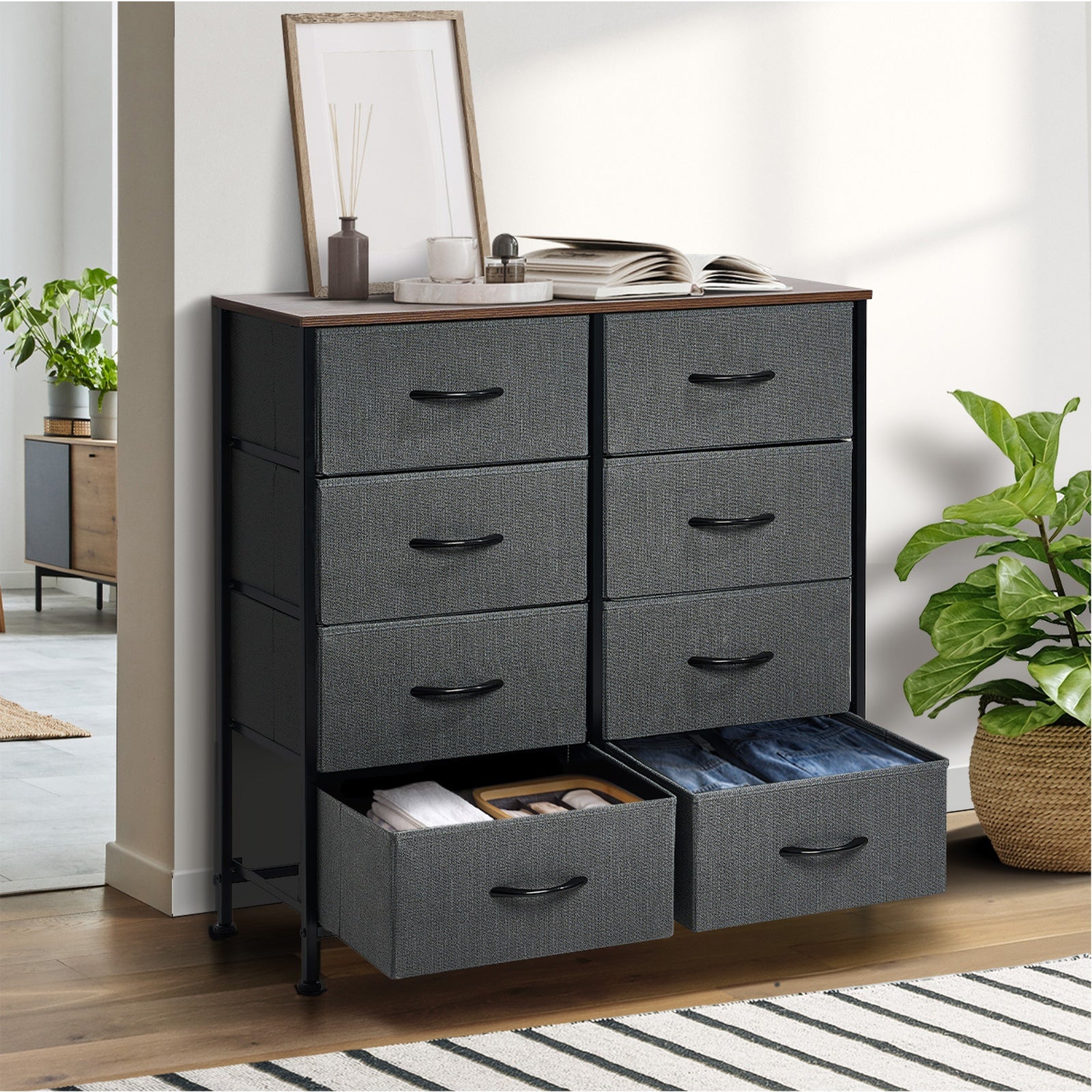 Oikiture 8 Chest of Drawers Storage Cabinet Dresser Organizer Fabric Grey - Sunyee