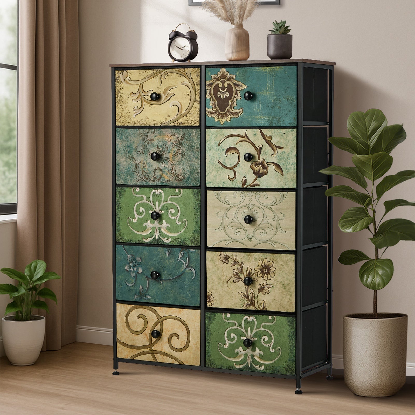 Oikiture 10 Chest of Drawers Fabric Storage Cabinet Tower Tallboy Retro Dresser - Sunyee