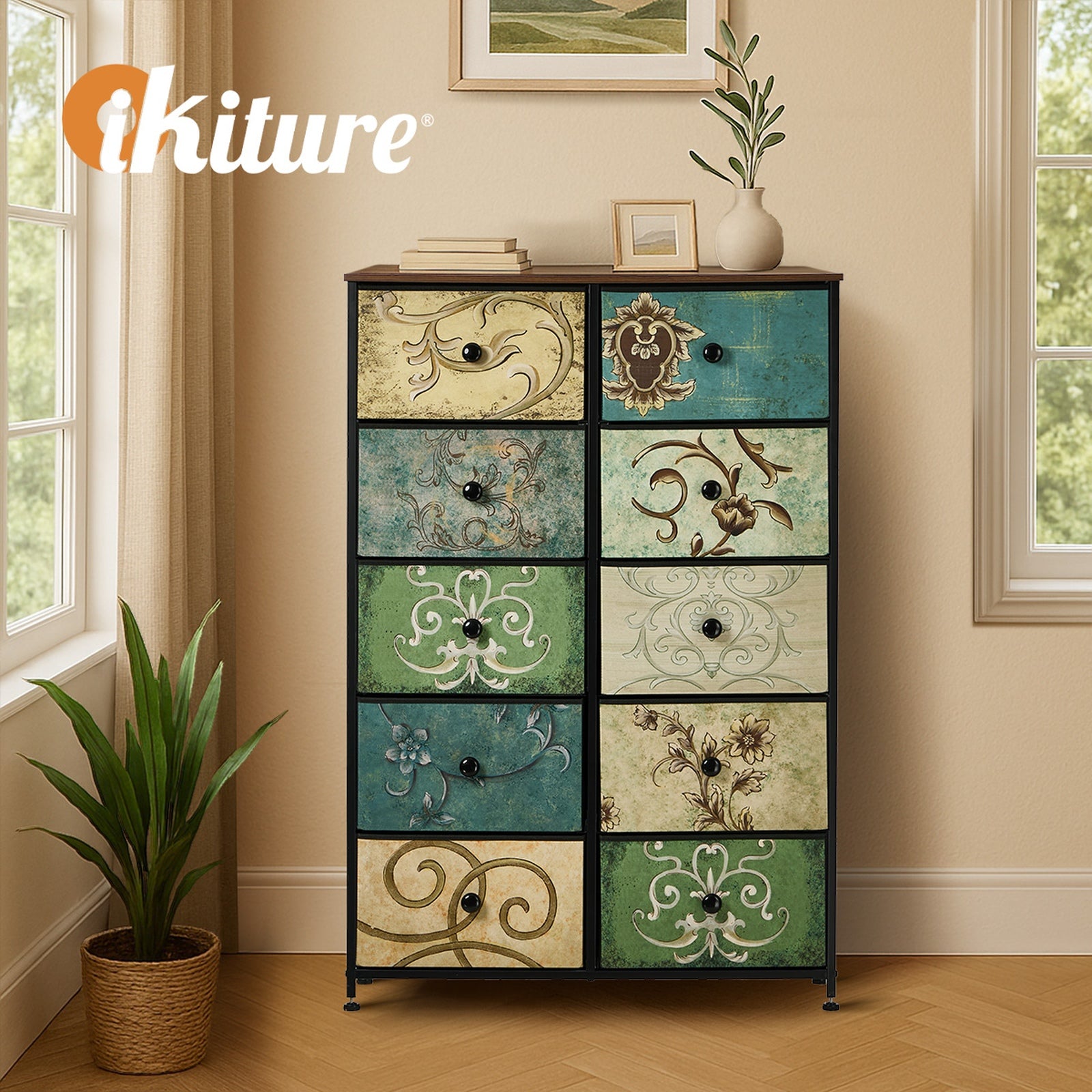 Oikiture 10 Chest of Drawers Fabric Storage Cabinet Tower Tallboy Retro Dresser - Sunyee