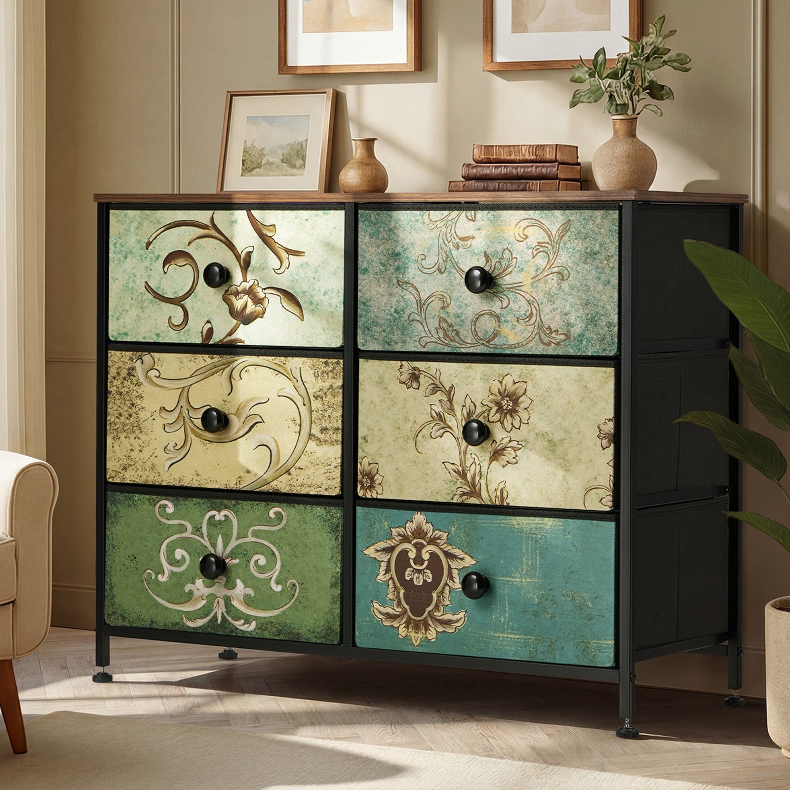 Oikiture 6 Chest of Drawers Fabric Storage Cabinet Retro Lowboy Organizer - Sunyee