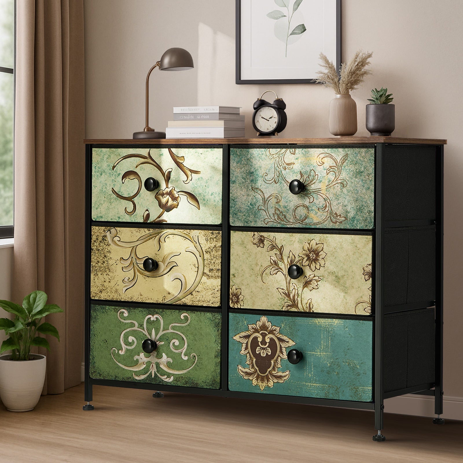 Oikiture 6 Chest of Drawers Fabric Storage Cabinet Retro Lowboy Organizer - Sunyee