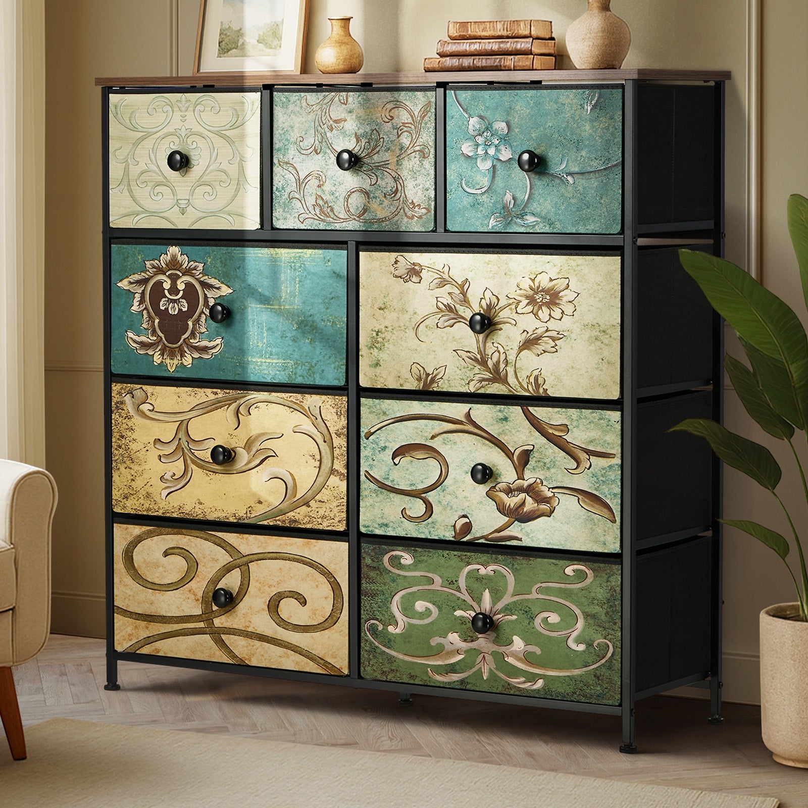 Oikiture 9 Chest of Drawers Fabric Storage Dresser Vintage Tallboy Organizer - Sunyee