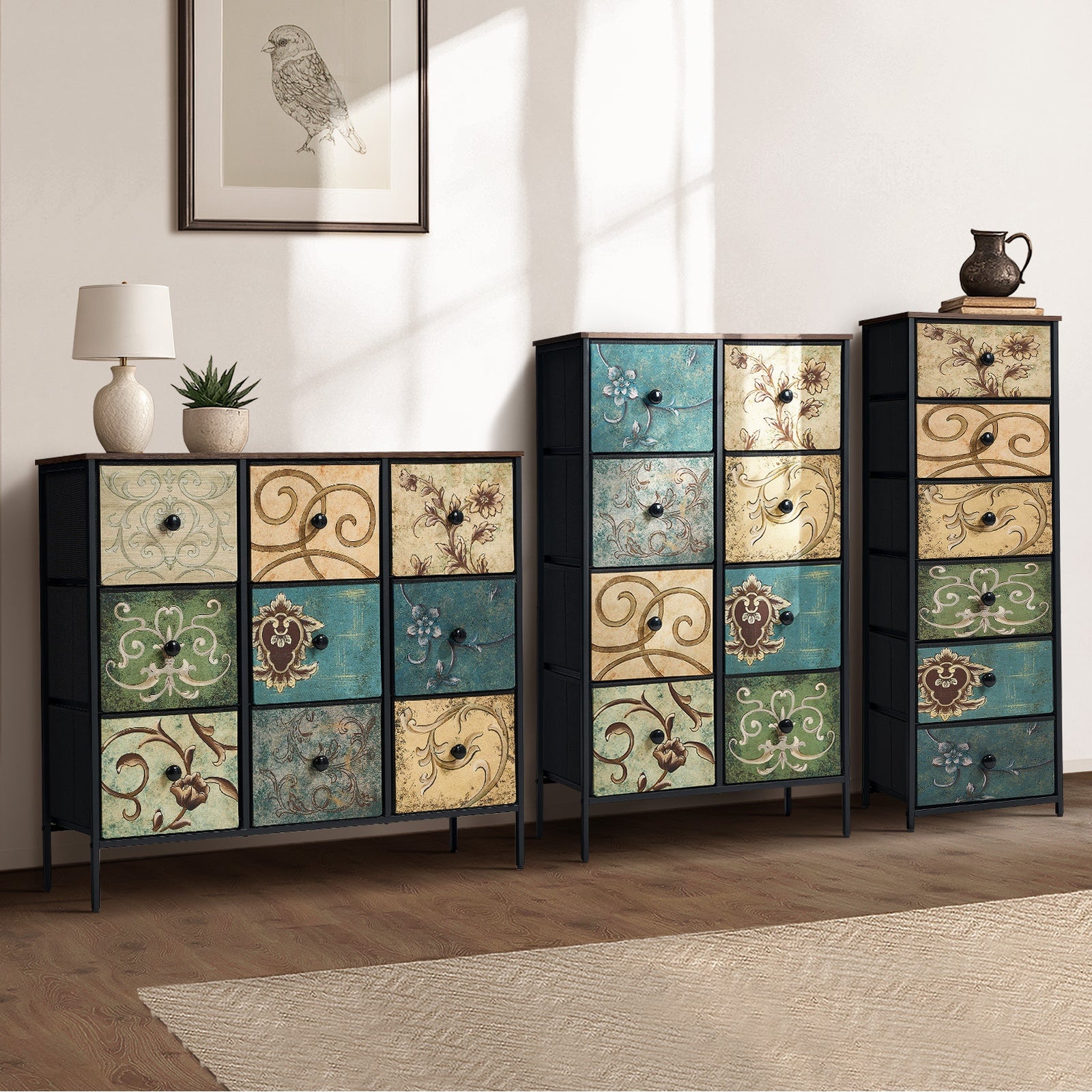 Oikiture Chest of Drawers Fabric Vintage Tallboy Storage Cabinet Dresser - Sunyee