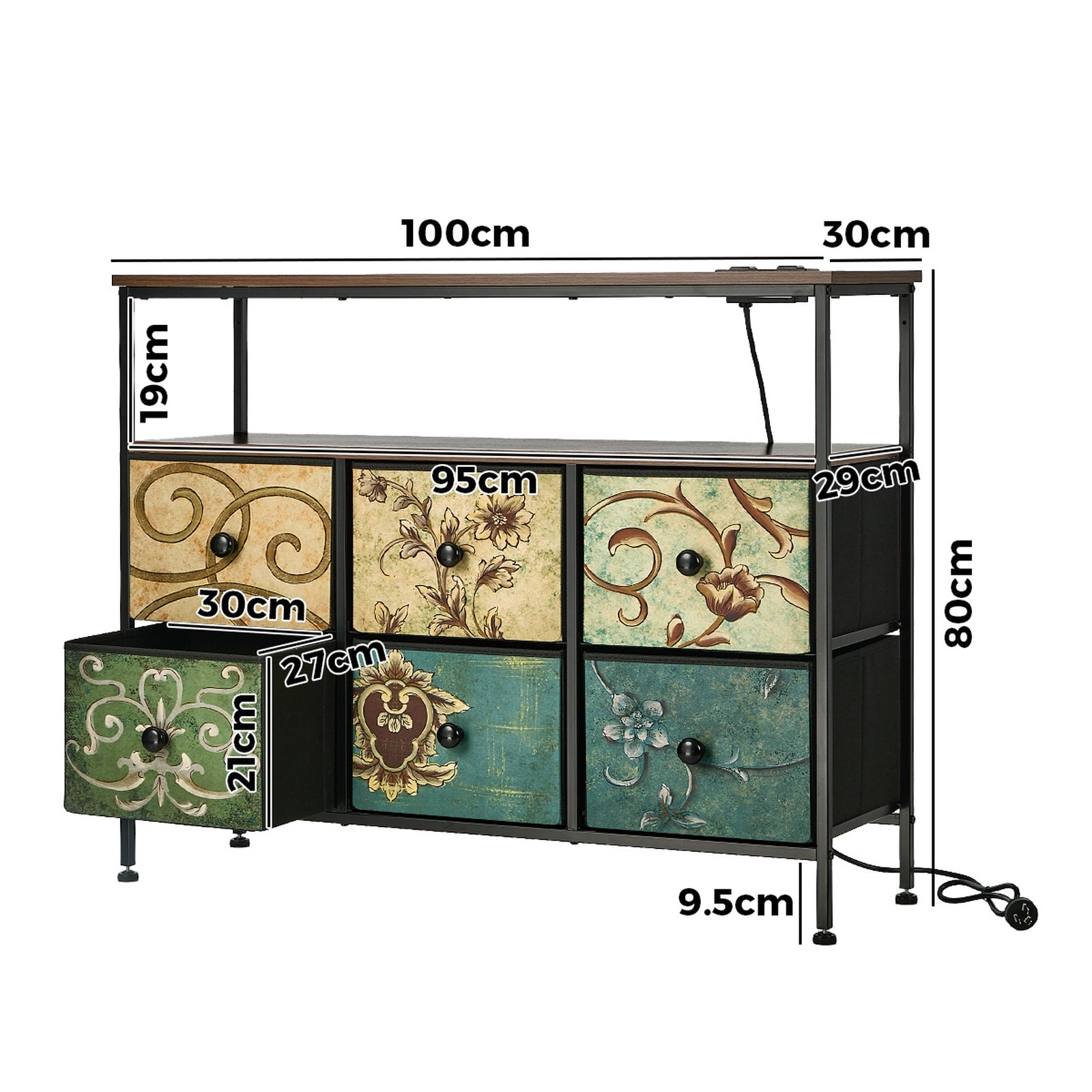 Oikiture 6 Chest of Drawers Fabric Retro Dresser Lowboy Shelf Charging Station - Sunyee