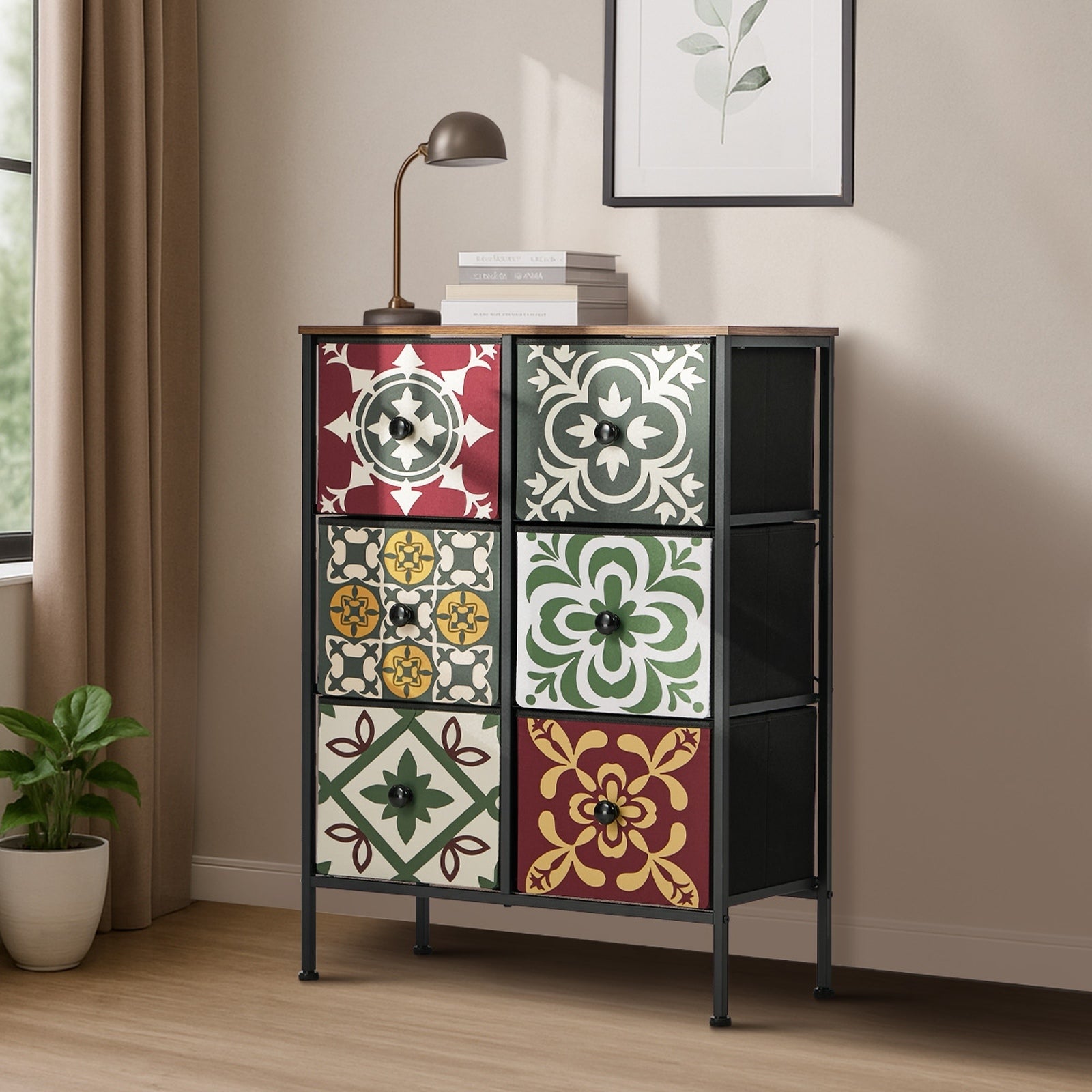 Oikiture 6 Chest Of Drawers Retro Tallboy Dresser Multi-Storage Foldable Fabric