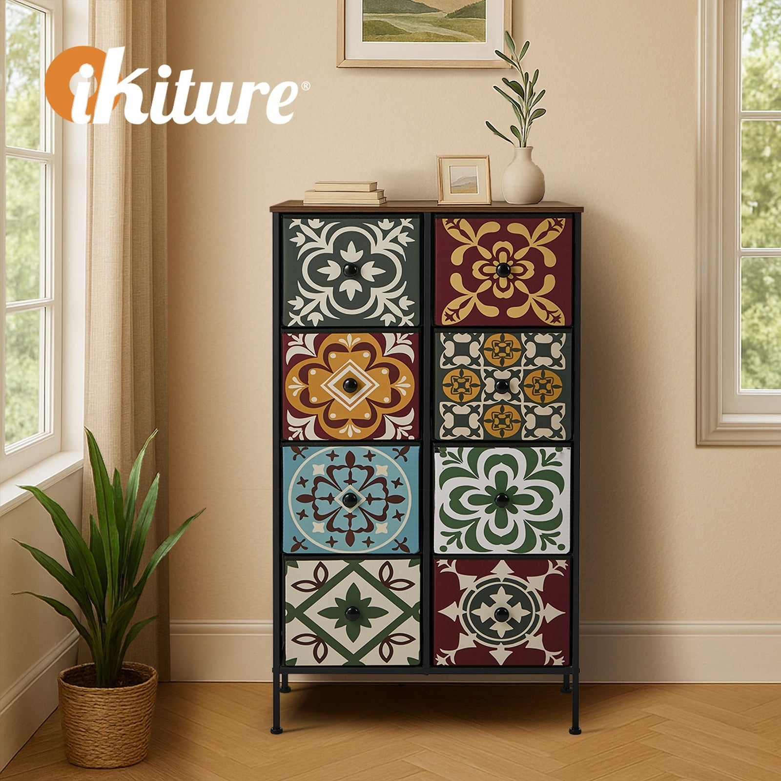 Oikiture 8 Chest Of Drawers Retro Tallboy Dresser Multi-Storage Foldable Fabric