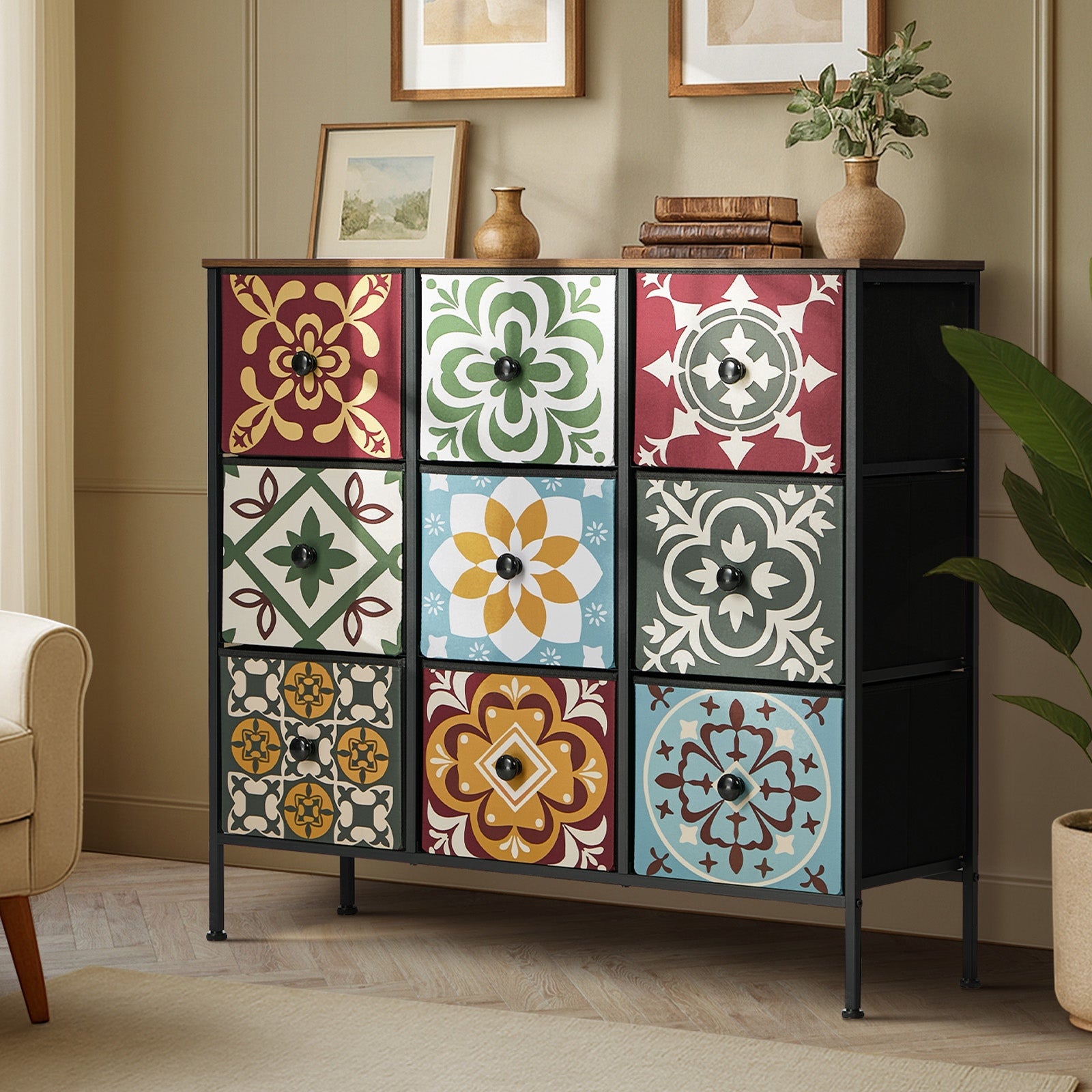 Oikiture 9 Chest Of Drawers Retro Tallboy Dresser Multi-Storage Foldable Fabric