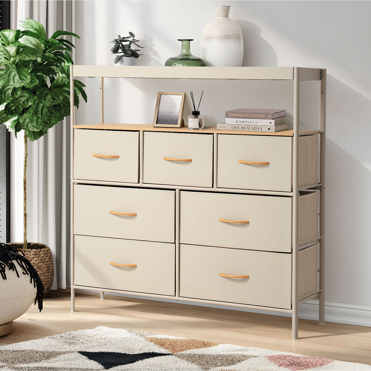 Oikiture 7 Drawer Chest Of Drawers Fabric Dresser Open Shelf Organizer Beige