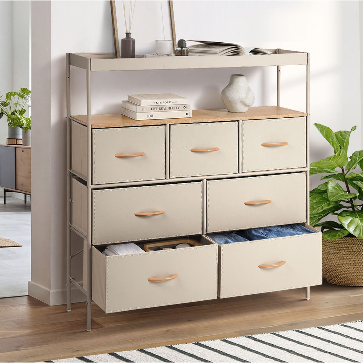 Oikiture 7 Drawer Chest Of Drawers Fabric Dresser Open Shelf Organizer Beige