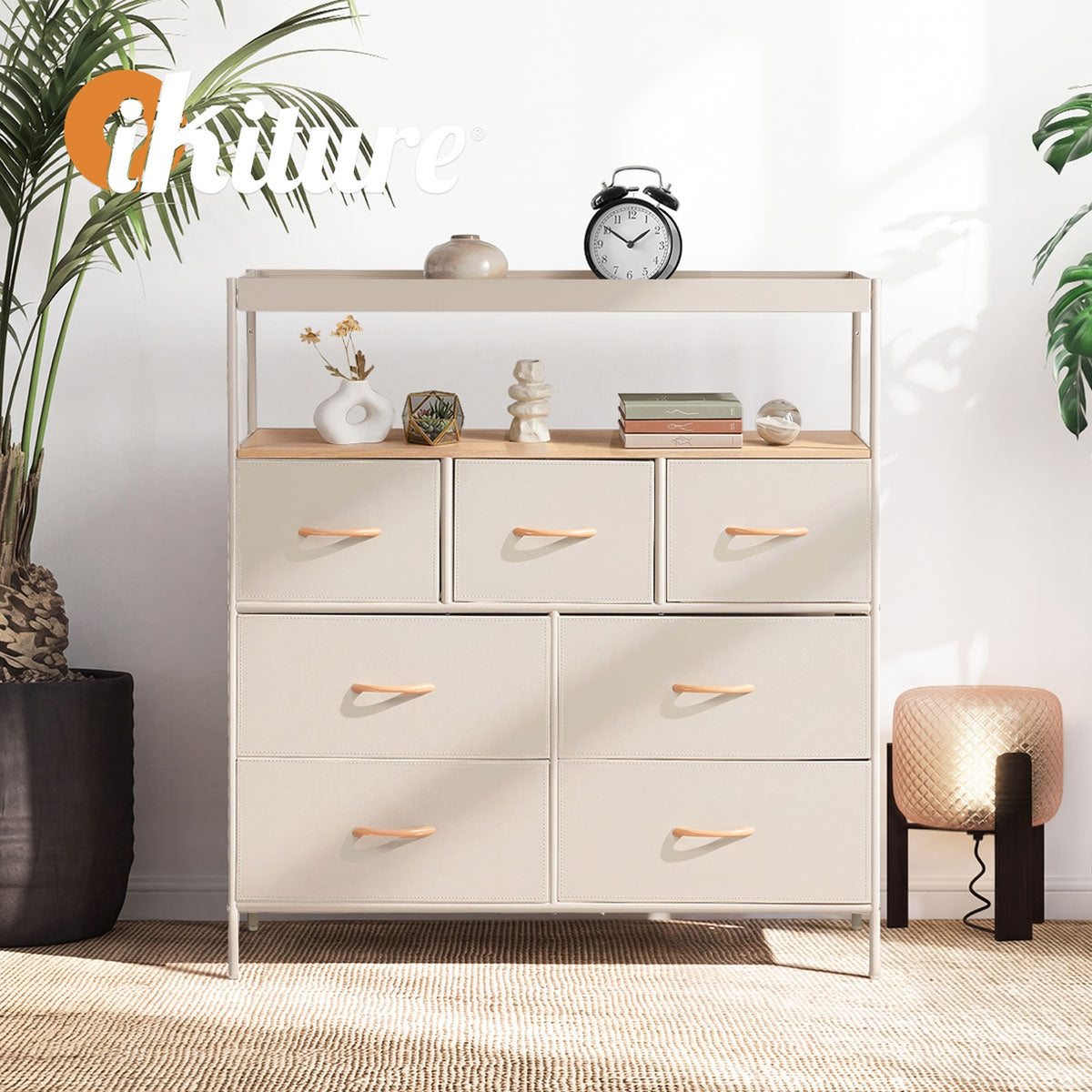Oikiture 7 Drawer Chest Of Drawers Fabric Dresser Open Shelf Organizer Beige
