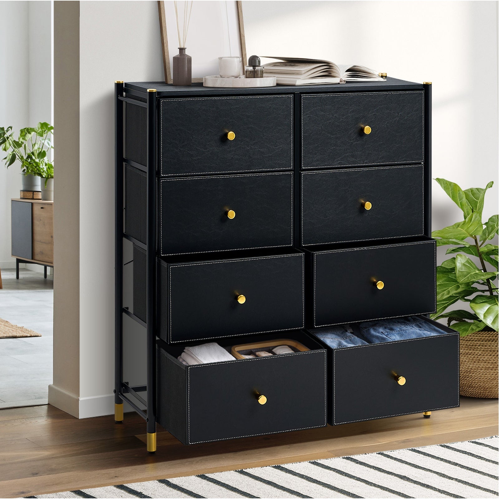 Oikiture 8 Chest of Drawers PU Fabric Storage Cabinet Dresser Tallboy Black - Sunyee
