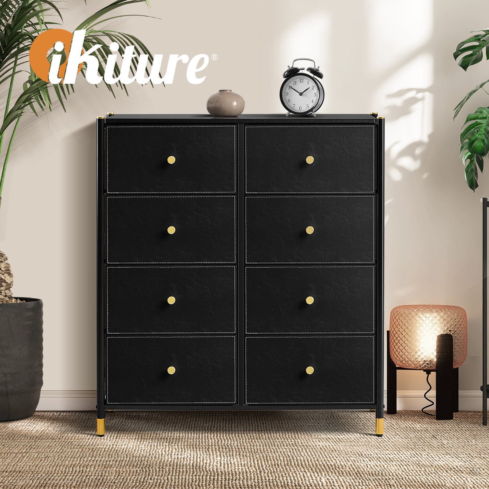 Oikiture 8 Chest of Drawers PU Fabric Storage Cabinet Dresser Tallboy Black - Sunyee