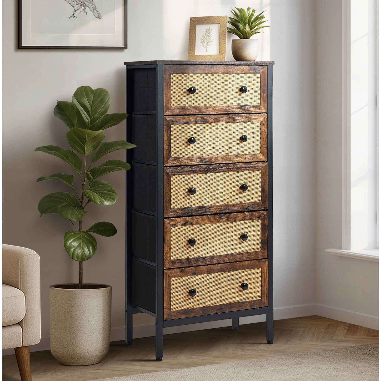 Oikiture Chest of Drawers Rattan Storage Cabinet Bedroom Dresser Tallboy - Sunyee